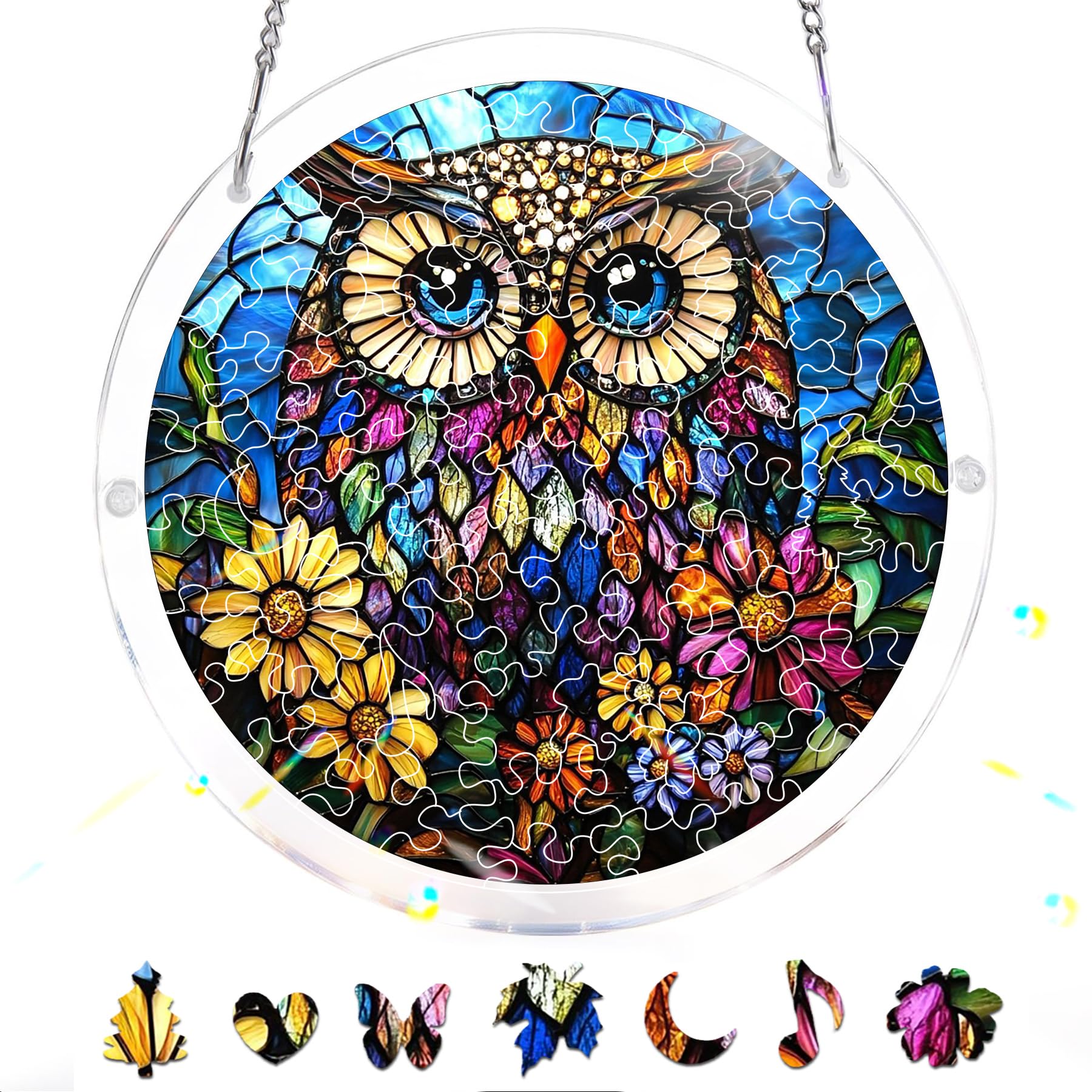 Reofrey Acrylic Puzzle Suncatcher for Adults, 83 Piece Owl Window Hanging, Stained Glass DIY Jigsaw Puzzle, Double-Sided Acrylic Decor, for Mom, Home Garden Decoration, 7 Inch