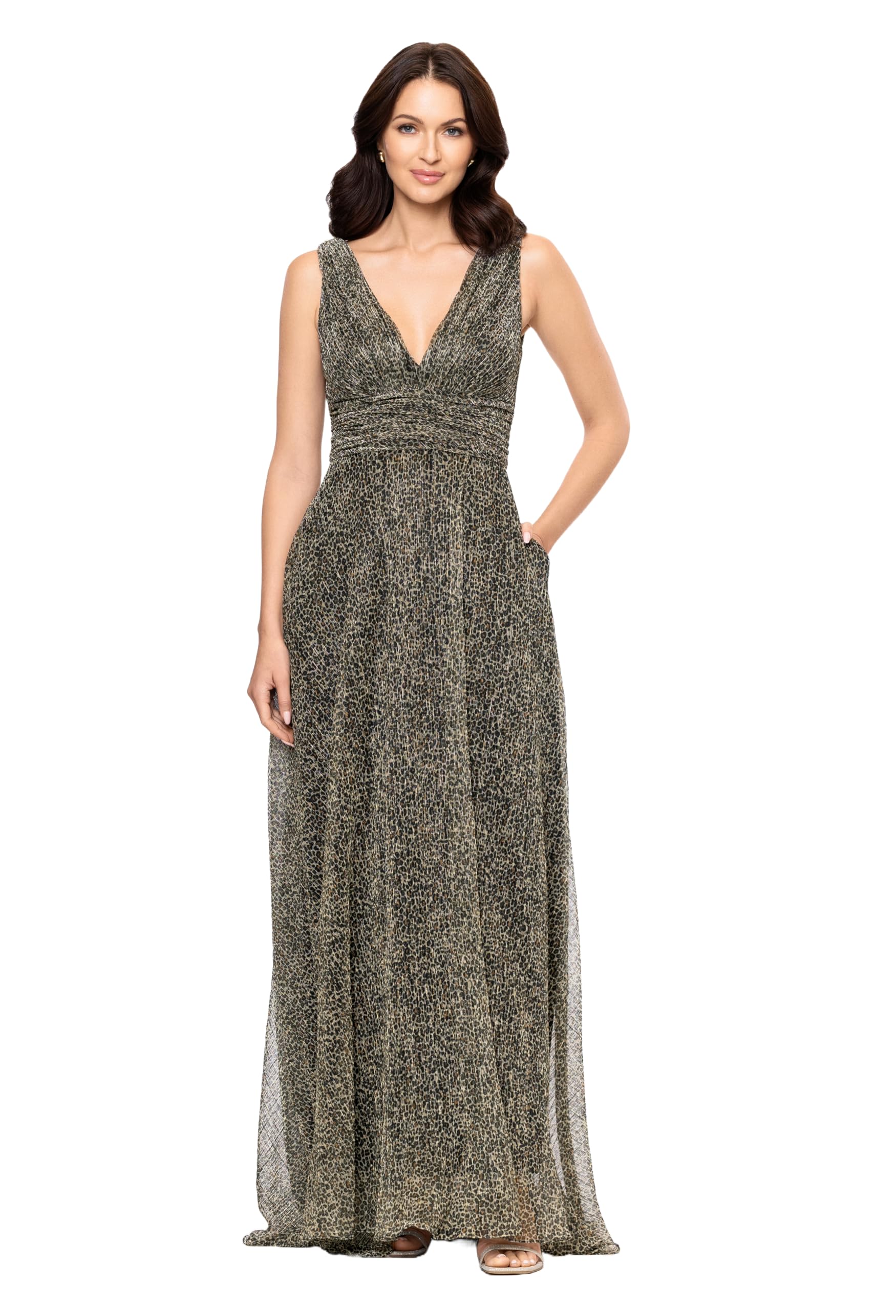 Betsy &amp; Adam Women's Floor-Length, Crinkled, V-Neck, Animal-Print Gown, Taupe/Black, 12