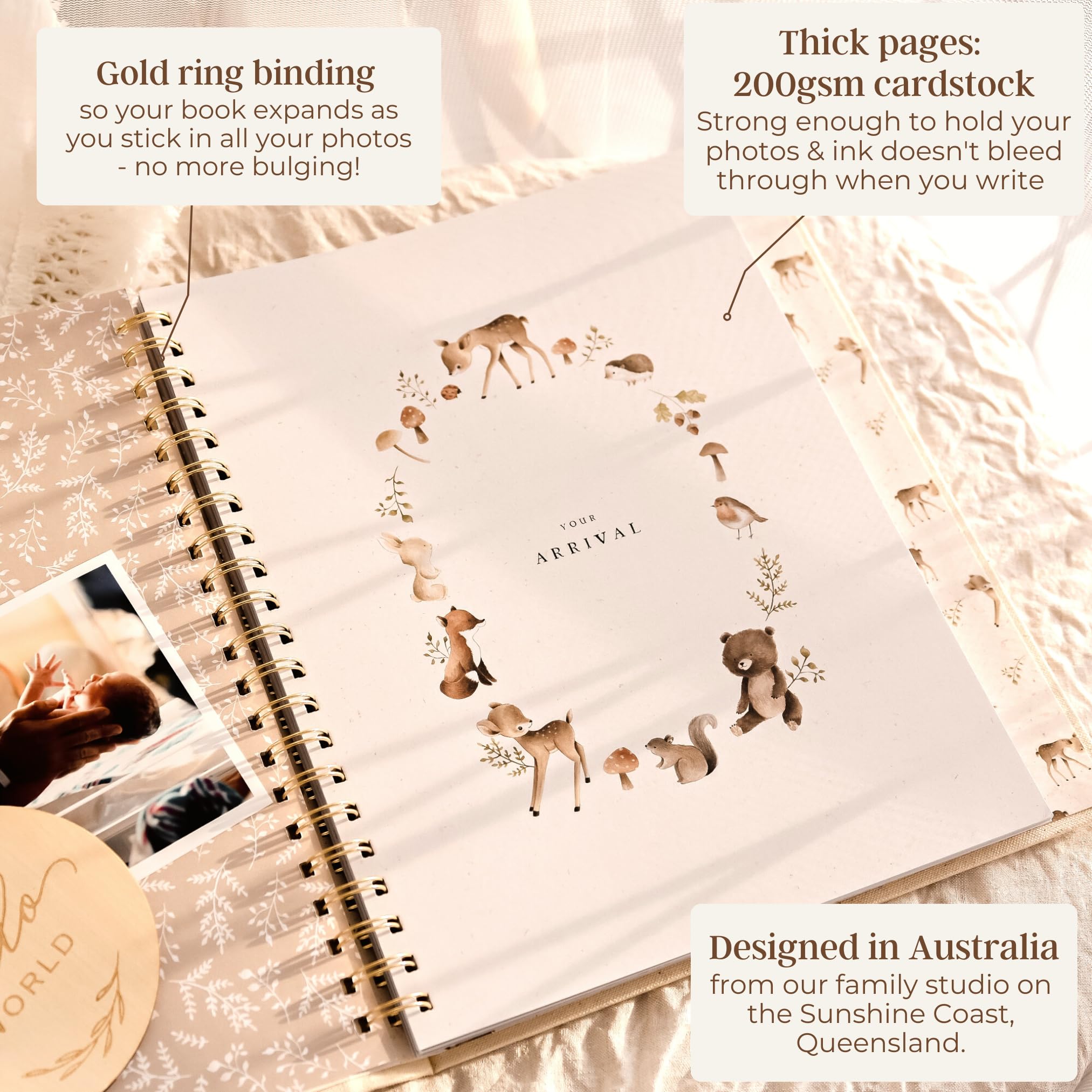 Peachly Unisex Baby Memory Book - Minimalist First Year Baby Book Keepsake for Milestones - Baby Scrapbook for Boy or Girl - Natural Linen - Forest - 4