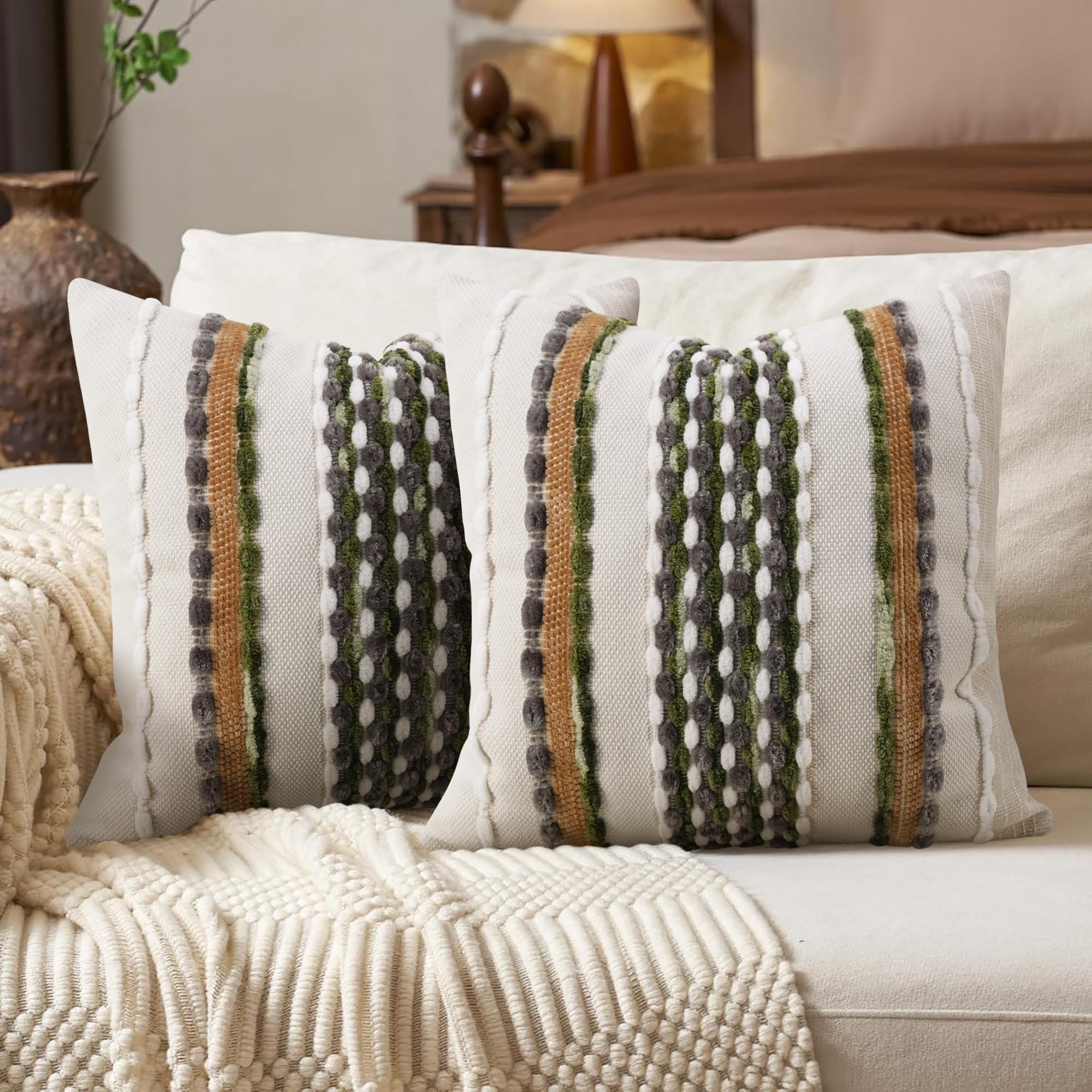Gopenmy Boho Neutral Throw Pillow Covers Set of 2, 18x18 Inch Farmhouse Striped Cotton Chenille Decorative Pillow Covers for Couch, Sofa, Living Room