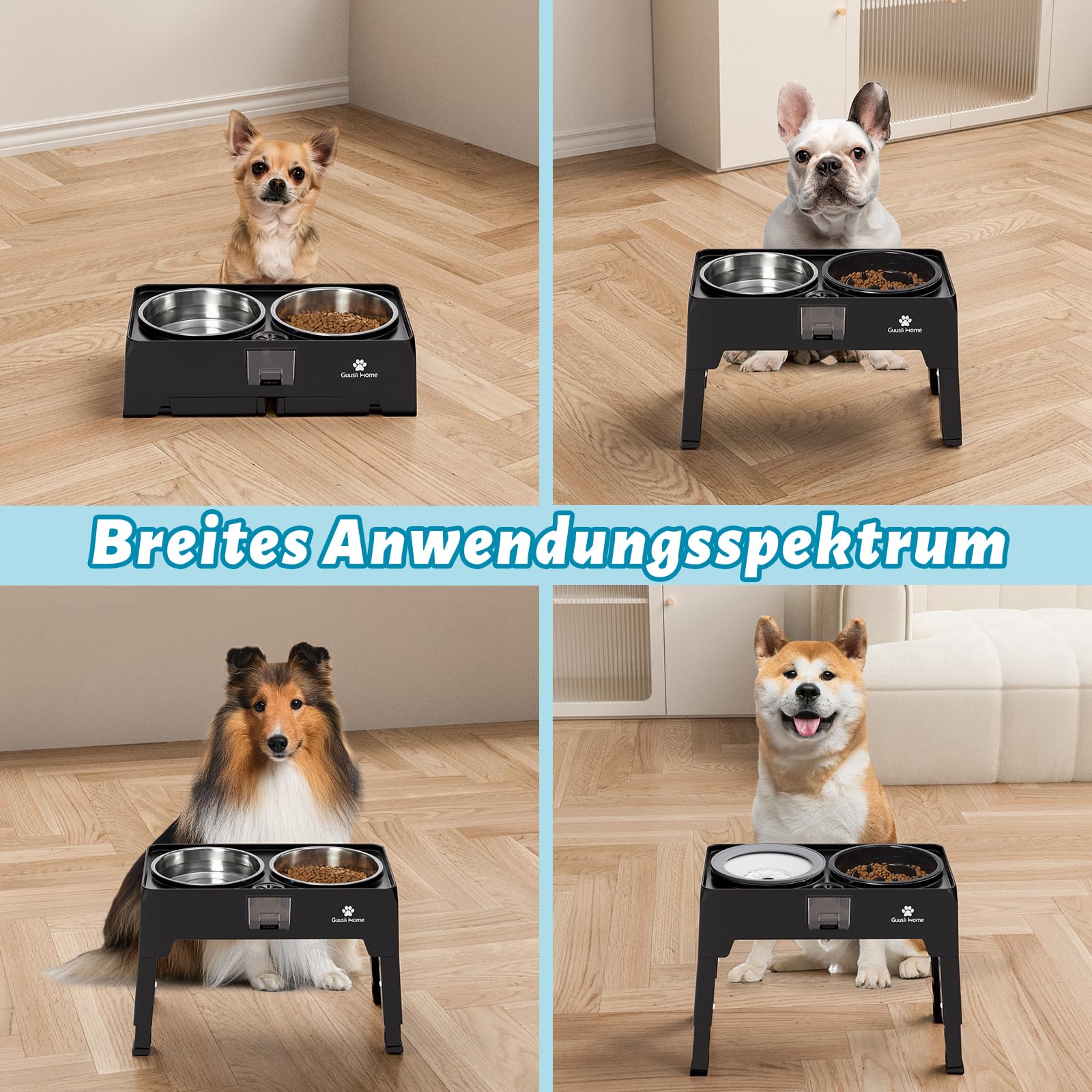 GUUSII HOME Hundenapf Erhöht Erhöhter Fressnapf Napf Grosse Hunde Futterstation Hund Napfständer Groß Hundebar Futterbar Napfset Hoch mit Ständer Doppelnapf 43.5 * 24.4 * 12/25.7/29.7/33.7cm 2000ml