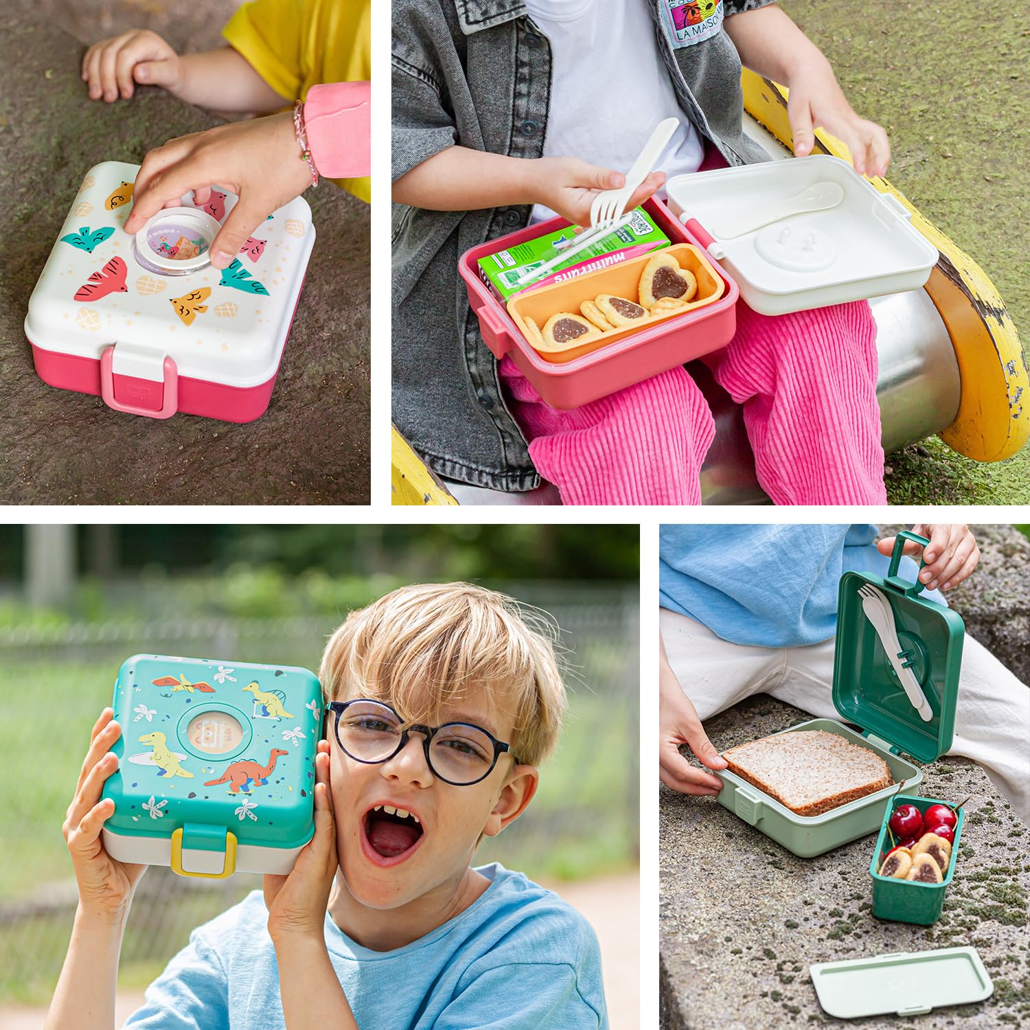 monbento - Porta Sandwich Bambini Snacky rosa Birds - Porta Pranzo Bambini per Panino Integrale - Posate Incluse - Porta Merenda Personalizzabile - Ideale per Scuola/Picnic - Senza BPA - Uccelli