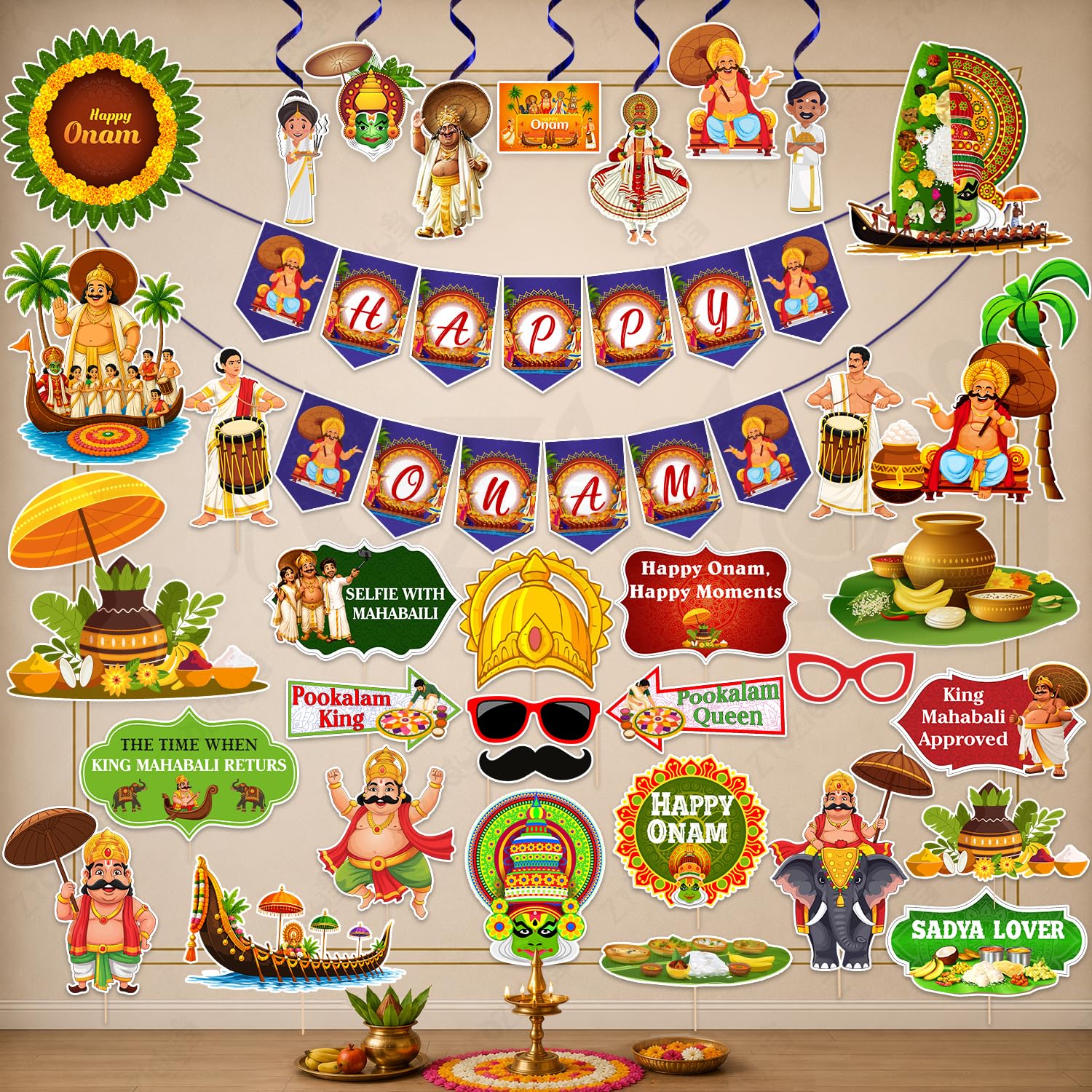 Zyozique 41 Pieces Onam Decoration Combo Kit | Happy Onam Paper Banner,PhotoBooth Props, Hanging Swirls, Cardstock Cutouts, Bamboo Sticks & Glue Dots | Kerala Festival-image-5