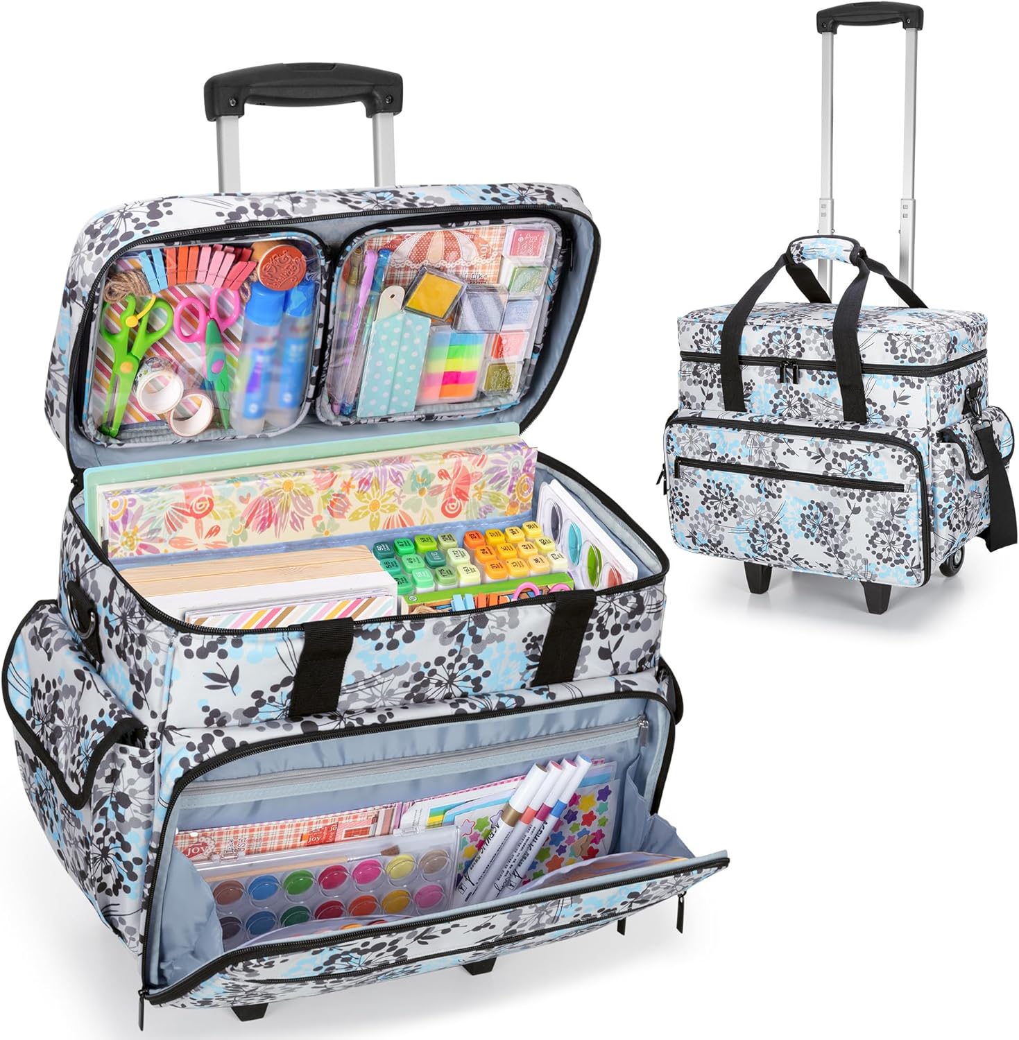 Teamoy Rolling Scrapbook Tote with Detachable Wheels, Rolling Craft Bag with Bottom Wooden Pad, Scrapbook Storage Bag for Women, Dandelion