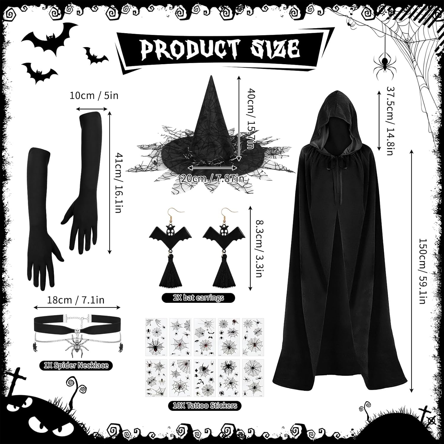 SelfTek Witch Costume for Women - Halloween Womens Wit-ch Costume, 17-Piece Hooded Cloak, Witc-h Hat, Long Gloves, Spider Necklace, Eardrop, Tattoo Stickers, for Halloween, Cosplay Props Party Outfits - Image 2