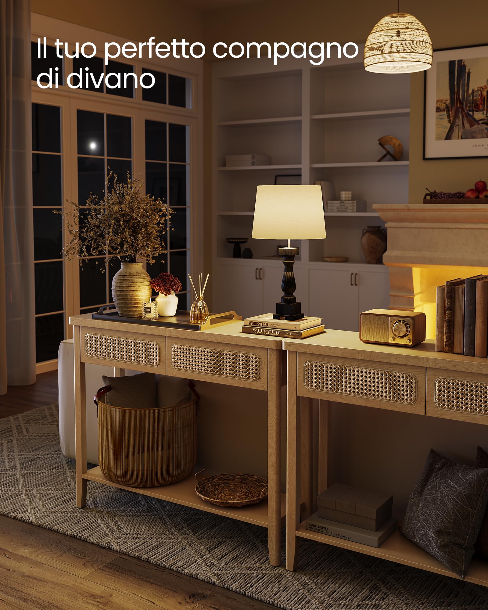 VASAGLE Consolle Ingresso, Tavolo Consolle per Corridoio, Tavolino da Divano Sottile per Soggiorno, Ingresso con 2 Cassetti, Ripiano Aperto, Angoli Arrotondati, Stile Boho, Beige Rovere LNT016Y57