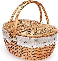 Vista 12 de Cesta de picnic de mimbre con forro, cesta de picnic de madera con tapa dividida, canasta de picnic de estilo vintage con asa tejida plegable