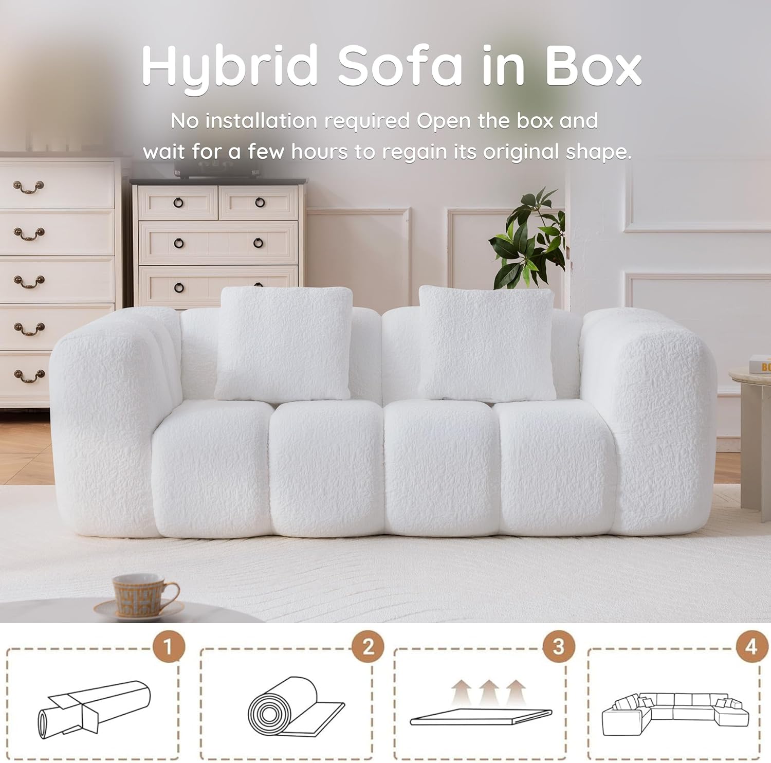 Loveseat Sofa, Comfy Deep Seat Boneless Couch with 2 Pillows, Modern Cloud Couch, Upholstered 3-Seater Boucle Couches for Living Room, Bedroom, Apartment(White)