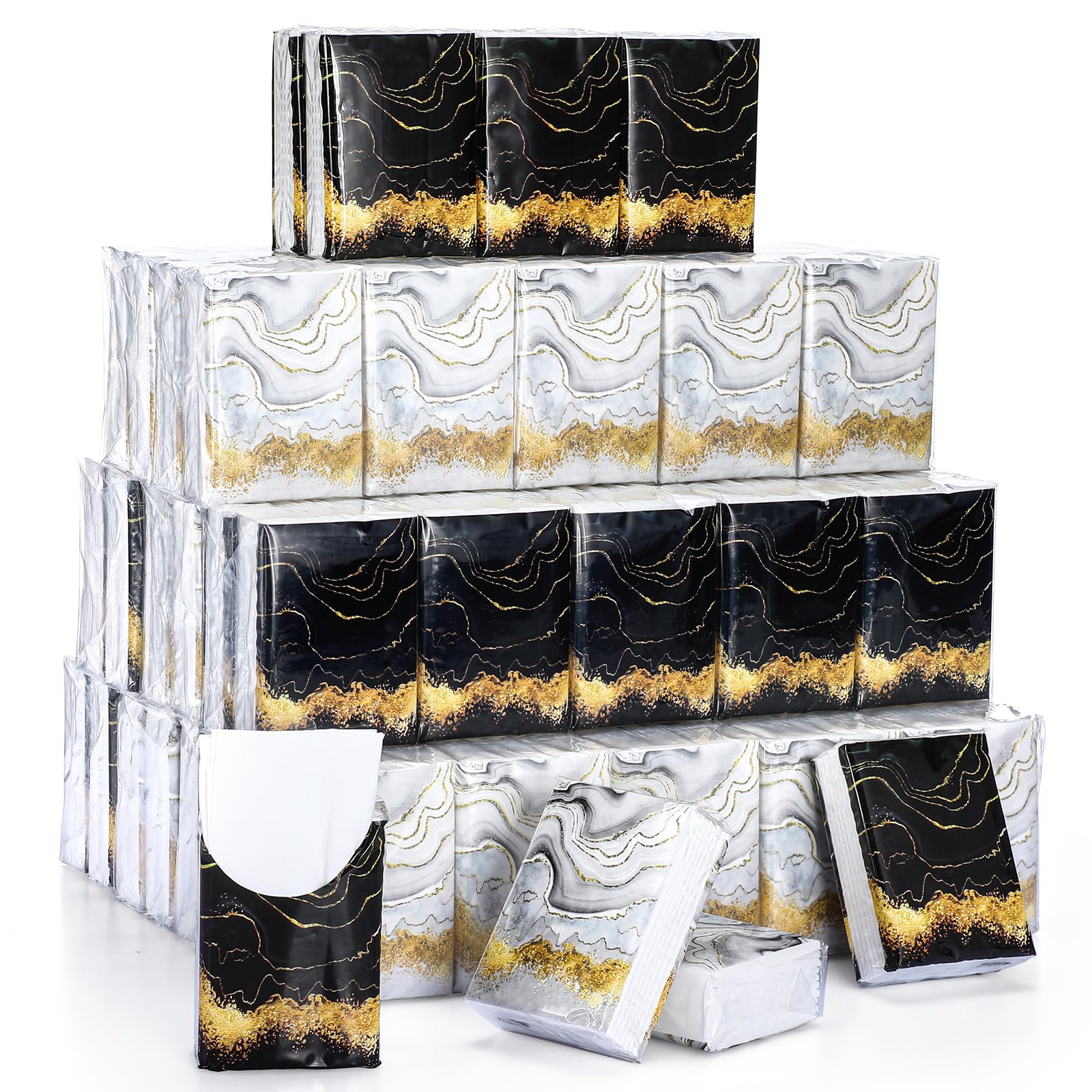 Fourluoo 100 Pack Spring Black White Gold Marble Pocket Tissues Individual Packs Bulk 3 Ply Mini Wallet Facial Tissues Travel Size for Summer Wedding