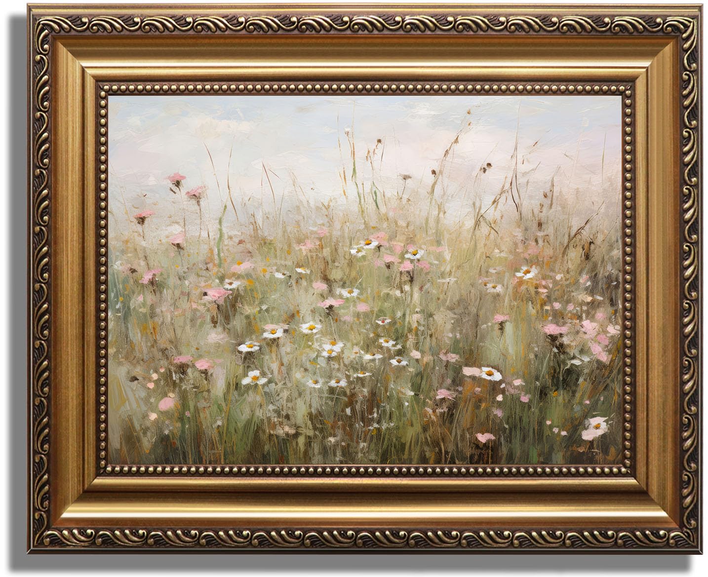 ASTRDECOR Vintage Gold Framed Canvas Wall Art, Farmhouse Wall Decor Wildflower Field Landscape Oil Painting, Neutral Pink Spring Scenery Pictures Wall Decor, Vintage Artwork for Wall - 9"x12" — image 1
