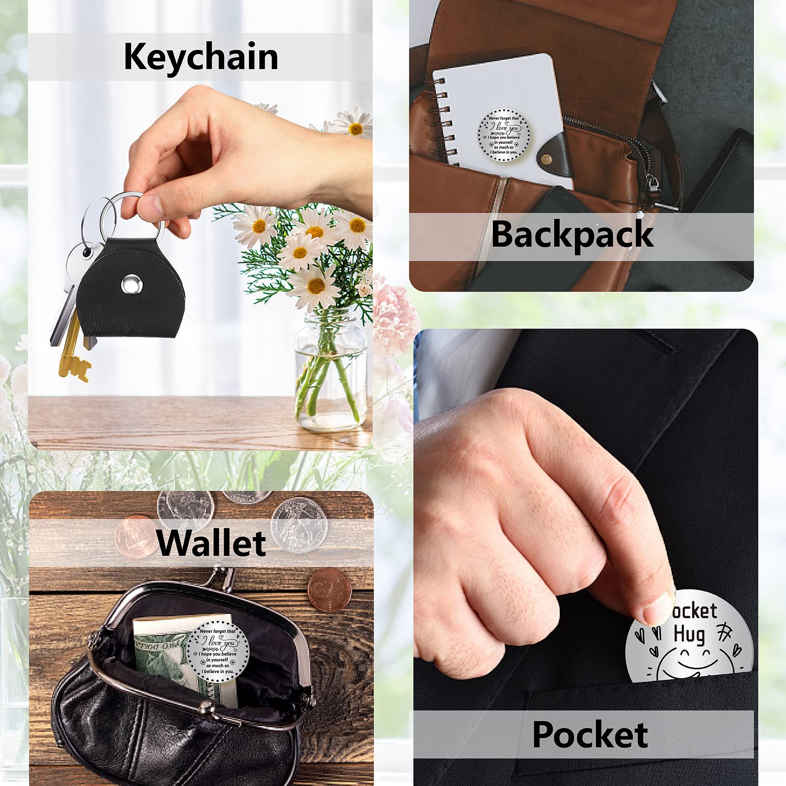 CREATCABIN Pocket Hug Token Stainless Steel Keepsake - Long Distance Relationship Gift With Keychain, 'Never Forget That I Love You' (Gold)