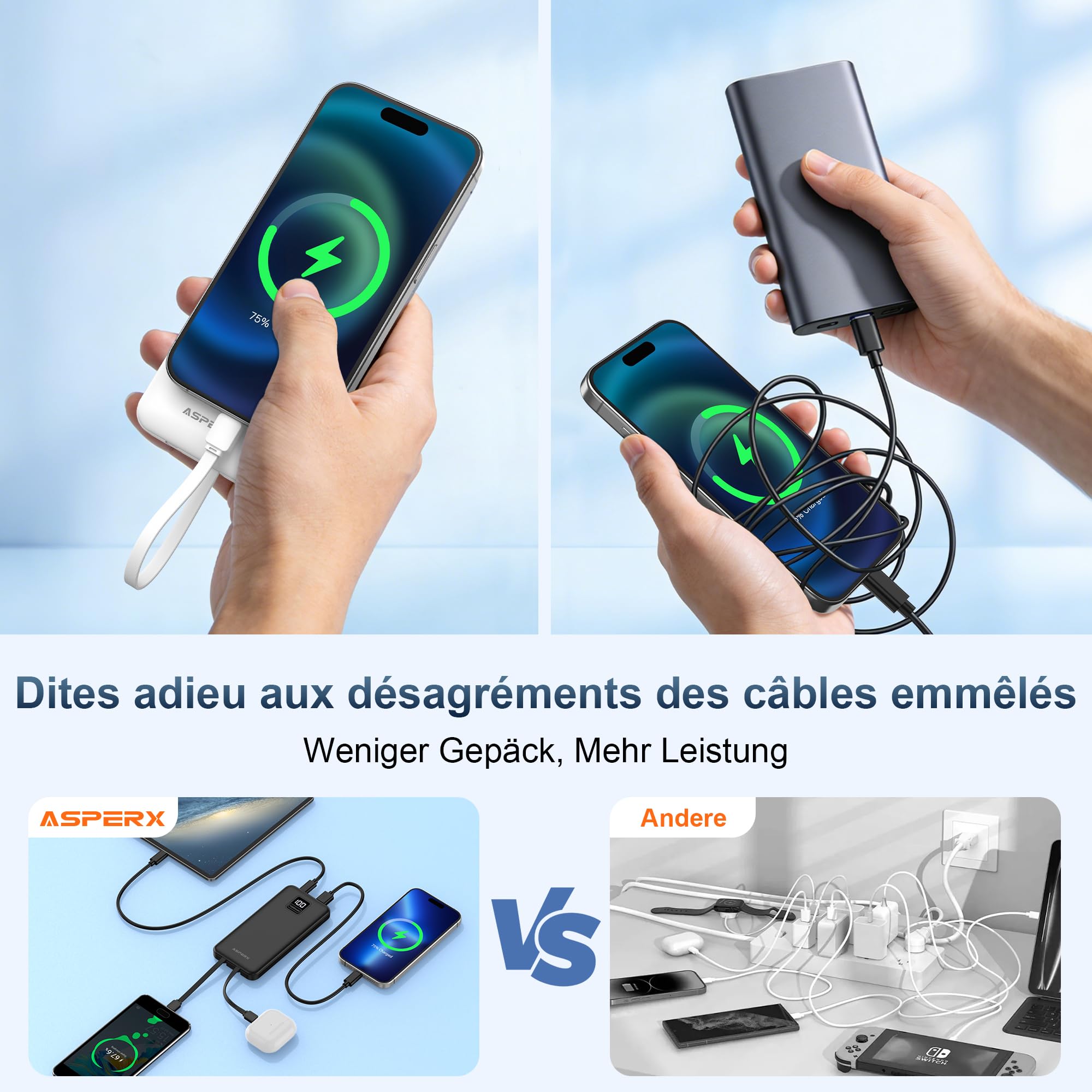AsperX 2 baterías externas USB C de entrada y salida, con cables integrados