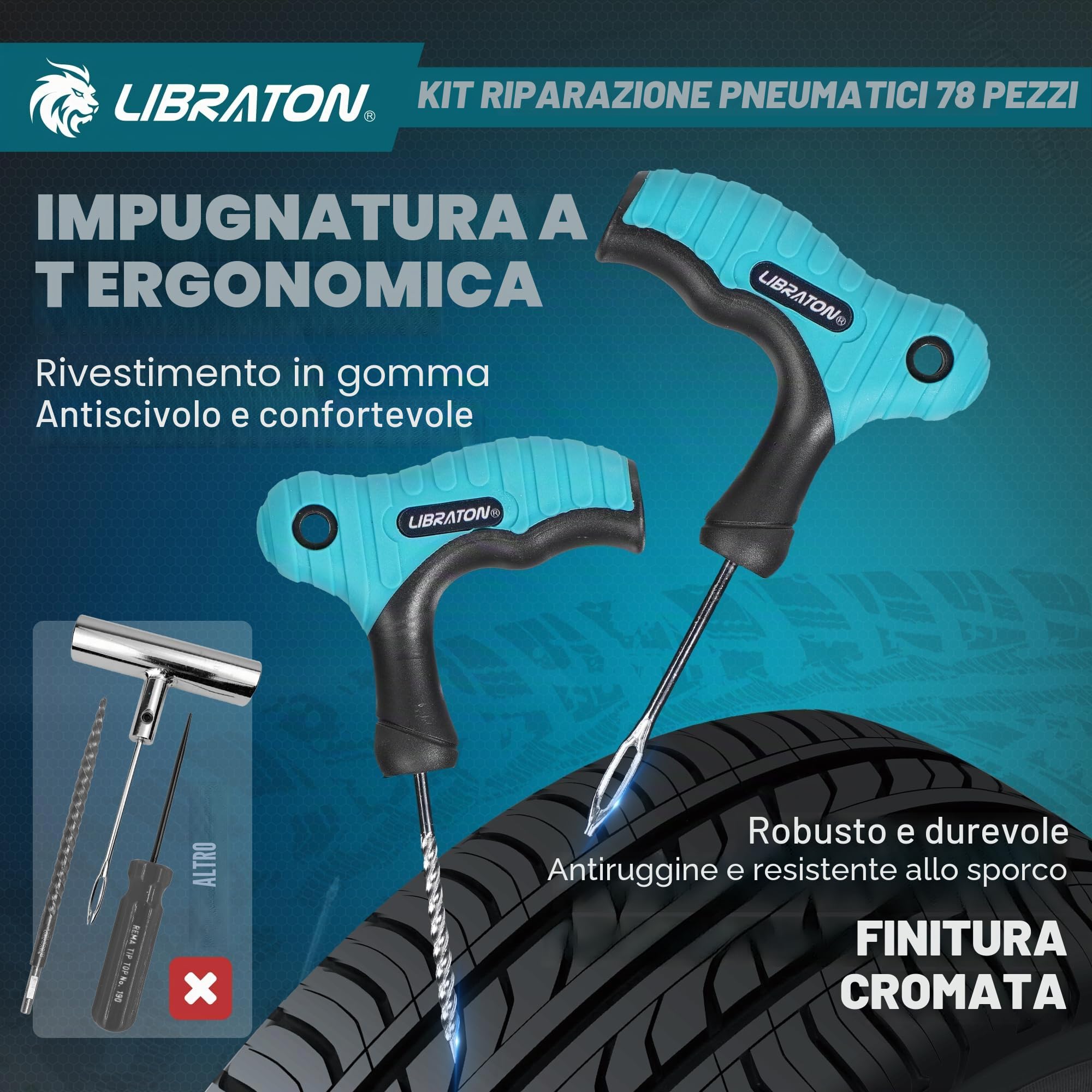 Libraton kit Riparazione Pneumatici Auto, Kit Riparazione Gomme Professionale e Robusto per Fori e Puncture, Kit Tozze per Pneumatici Tubeless per Auto, Moto, ATV, SUV, Camion, Trattore, Rimorchio