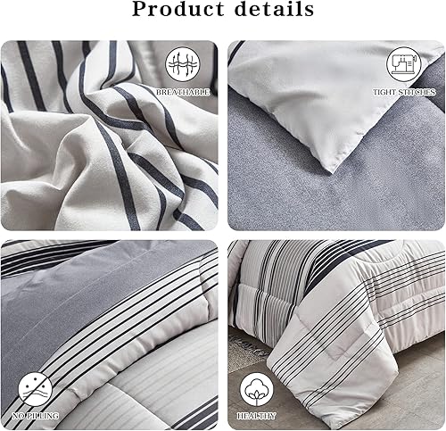 Miniatura 5 de FlySheep Juego de sábanas de 7 piezas en una bolsa a rayas bohemias degradadas tamaño King, gris y azul marino a rayas negras sobre blanco (1