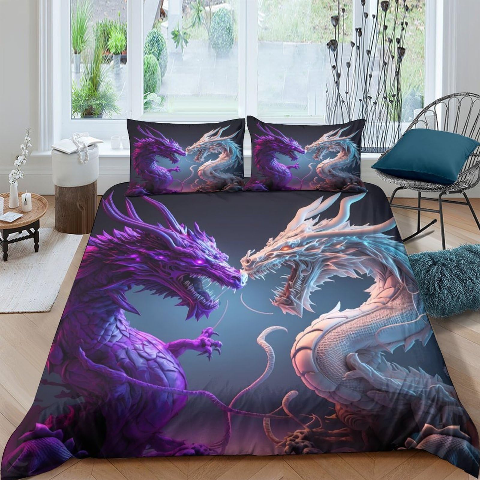 GPLZQXKJNH 3D Printed Purple Dragon Duvet Cover Microfiber Soft Breathable Blue Dragon Bedding Set with 2 Pillowcases for Bedroom Decor Single（135x200cm）