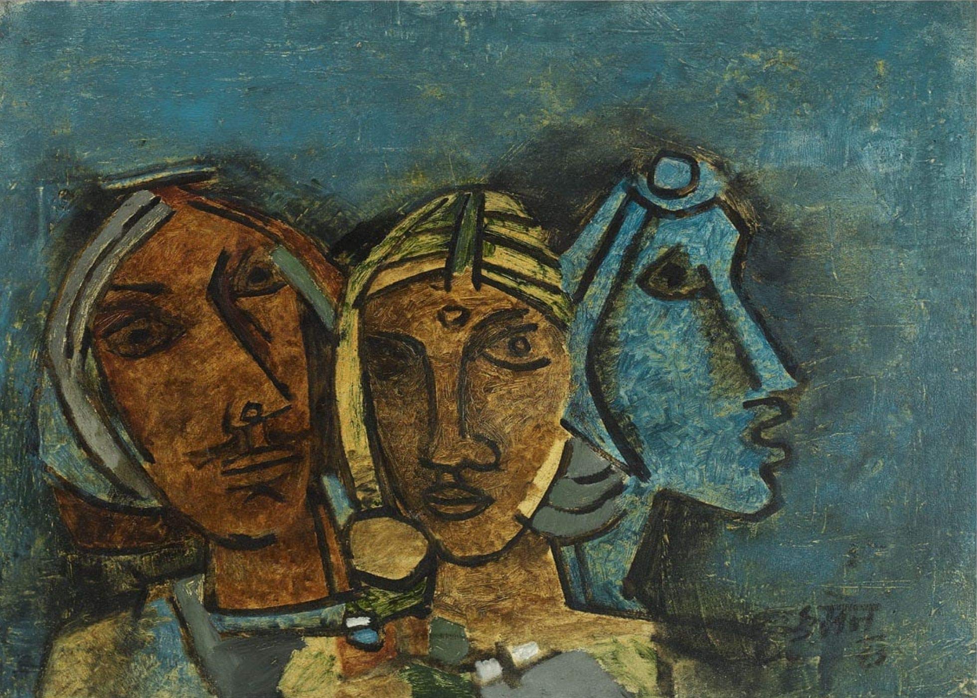 “a” adventures india : advertising ideas in Power ! *Three Ladies (Rajasthan)* (1963)- A Famous Painting by M.F. Husain, Wall Décor. Museum Grade Canvas, Art Print (Unframed). Size 16"x21"