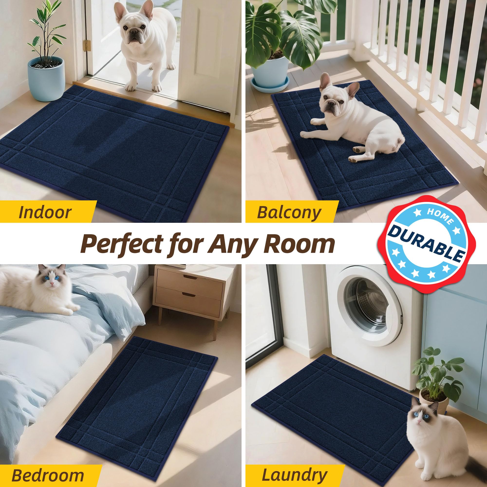 JSEI Tappeto Antisporco per Interni 50x 80 cm, Tappeto di Benvenuto Antiscivolo Lavabile in Lavatrice per Cani - per Ingresso, Porta d'Ingresso e Corridoio, Blu Navy