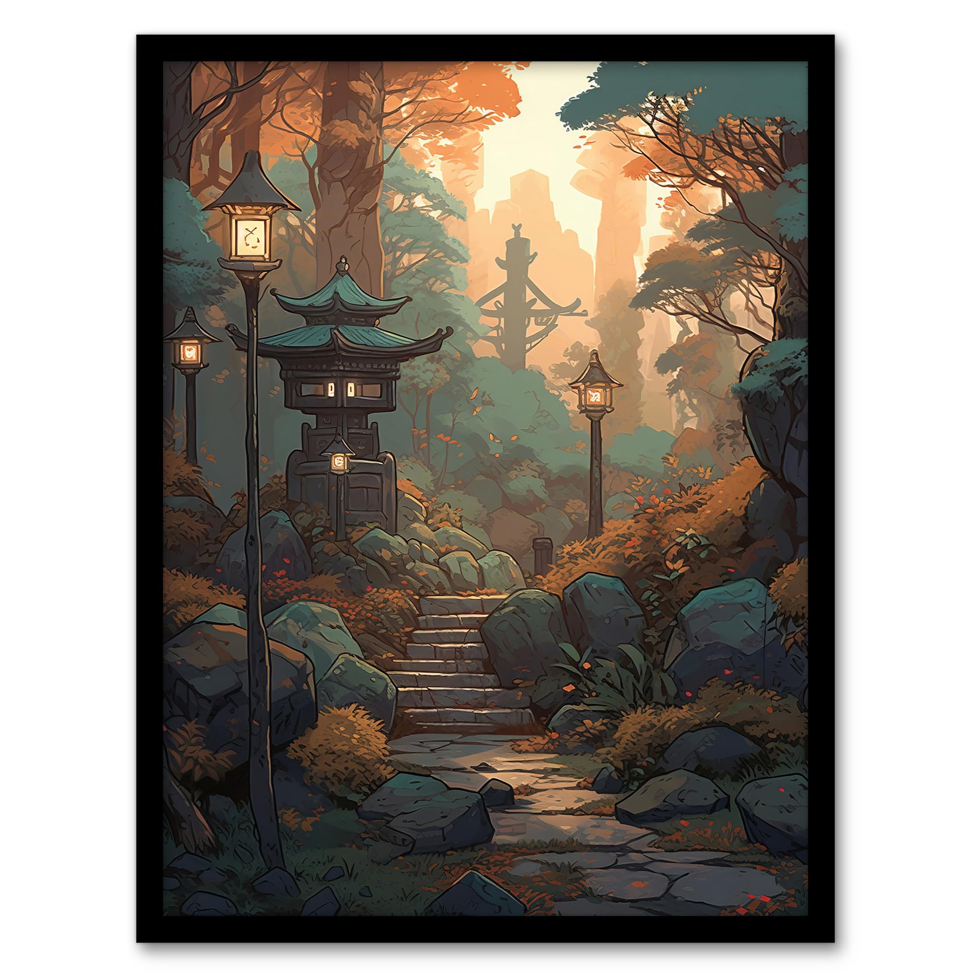 Traditional Japanese Garden Path with Stone Lanterns Wall Art Poster Print