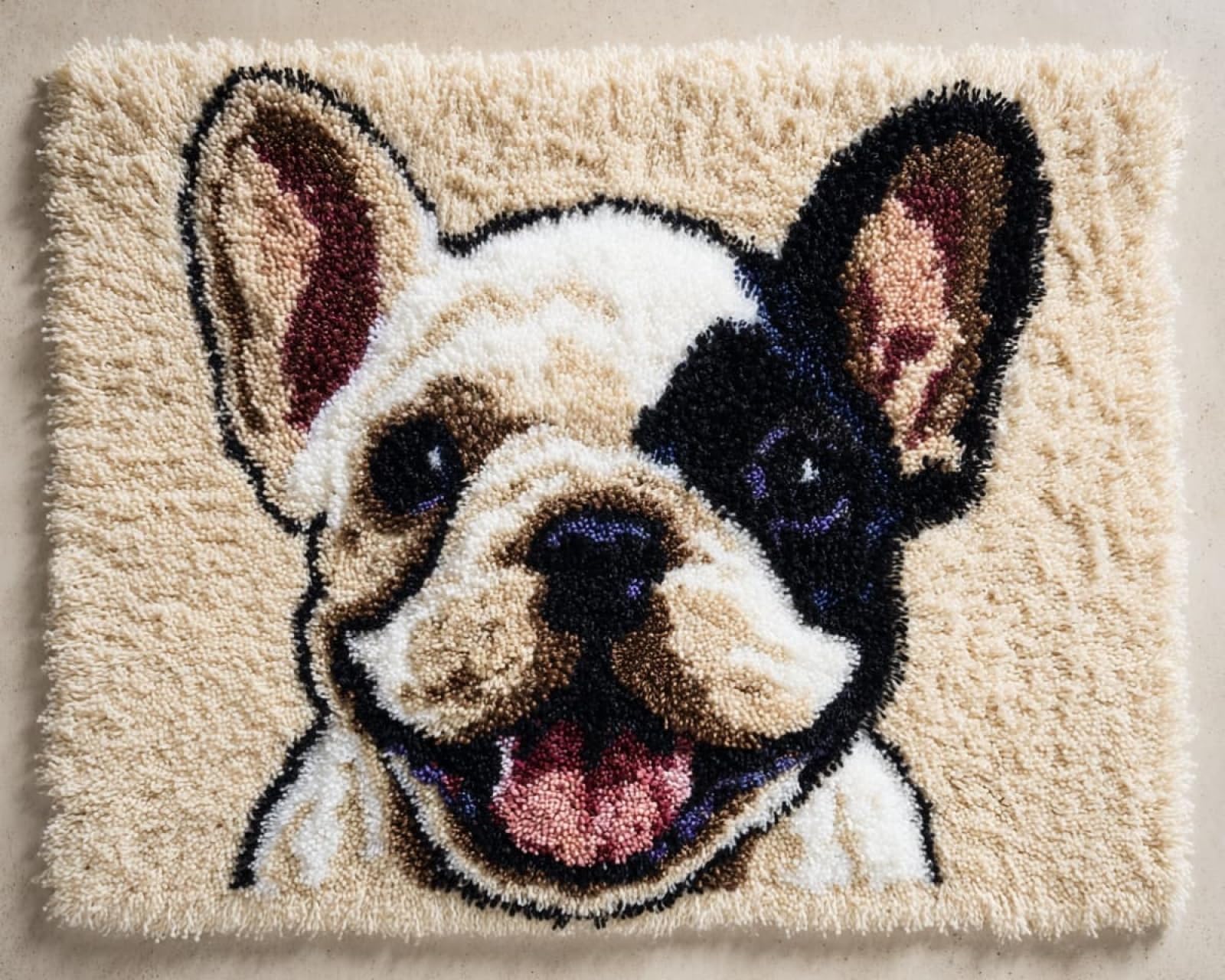Wallphantom DIY Latch Hook Rug Kits for Adults,Happy French Bulldog,Tapestry Pre-Printed Patterns Carpet Needlework Crochet Yarns Latch Hooking Mat Cushion for Home Decor,80x160cm