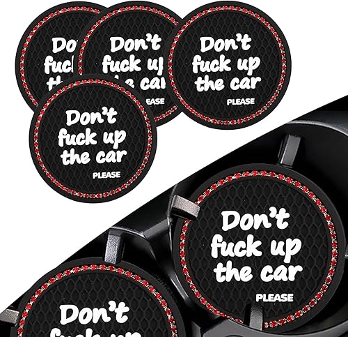 4 PCS Bling Car Cup Coaster, 2.75" 3D Honeycomb Crysta Diamonds English Phrase Personalized Anti-Slip Cup Mat, Waterproof Thermal Insulation Insert
