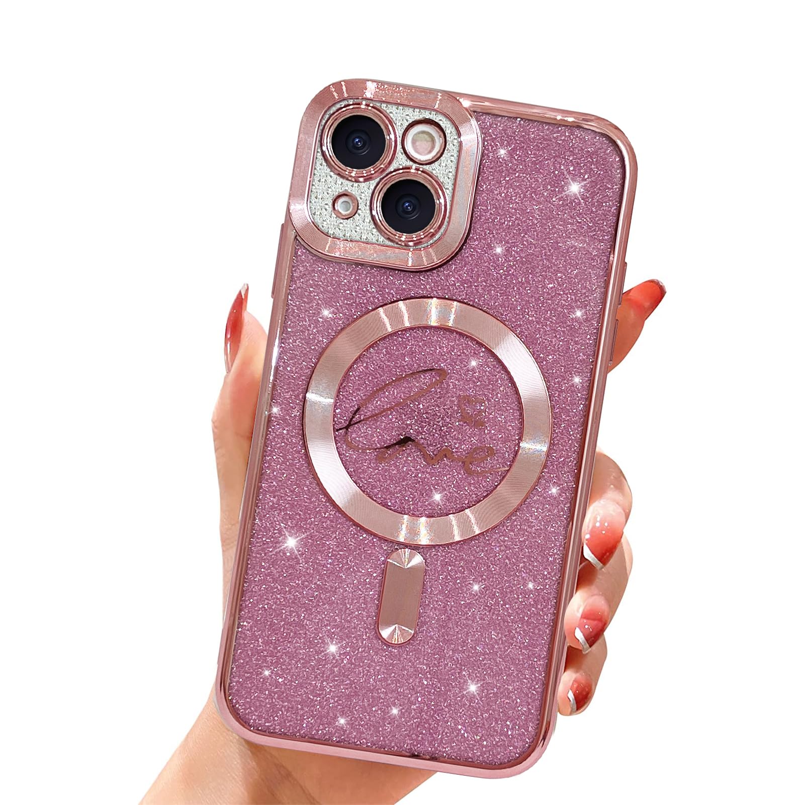 Jefonha Phone Case for iPhone 15 Plus Magnetic Glitter Clear Case, [Compatible with Magsafe] Luxury Plating Love Heart Design, Camera Lens Protector Soft TPU Protective Case for Women 6.7"-Pink