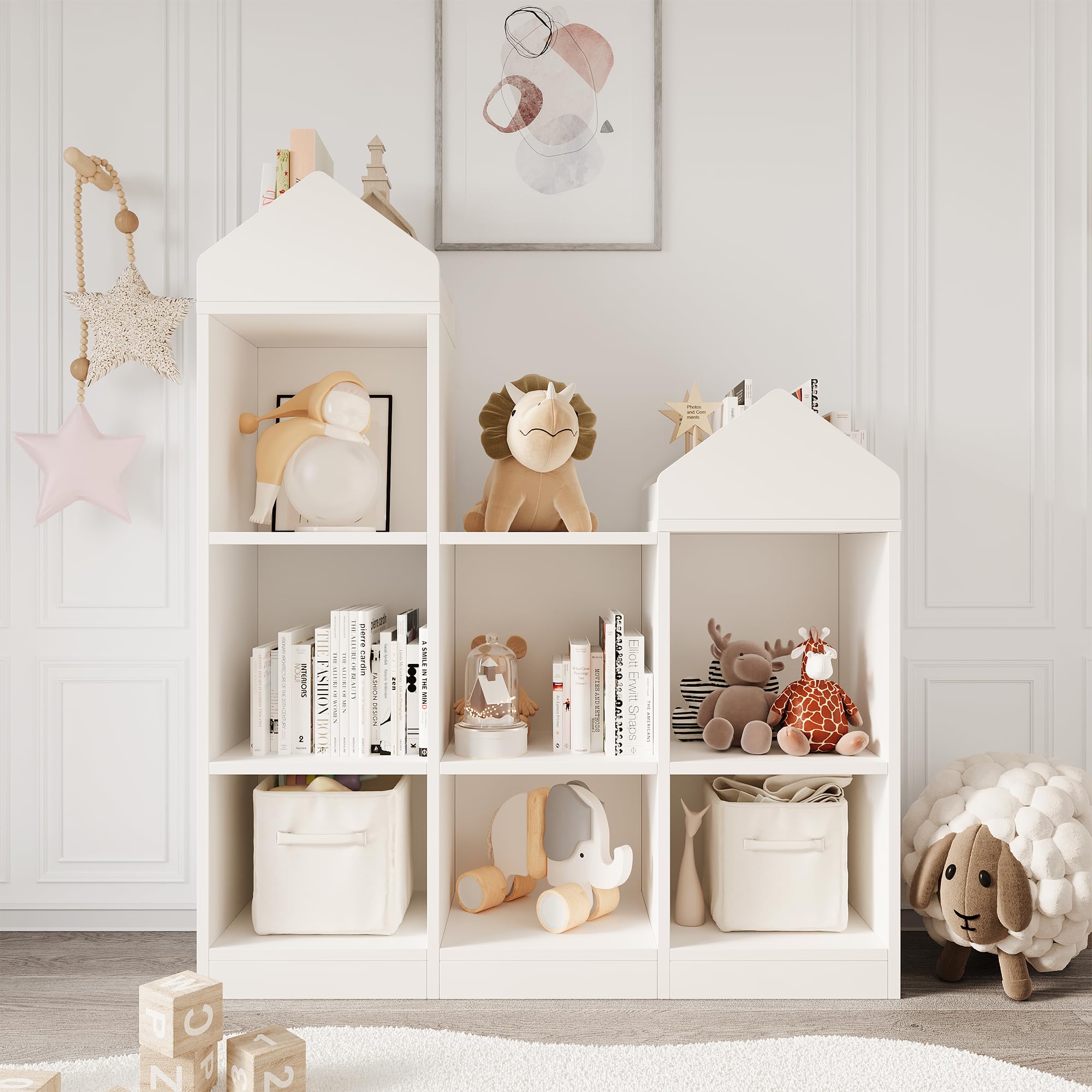 Litake Scaffale giocattoli bambini 9 scomparti 2 in 1 casetta libreria organizzatore bianco 92x30x108 cm
