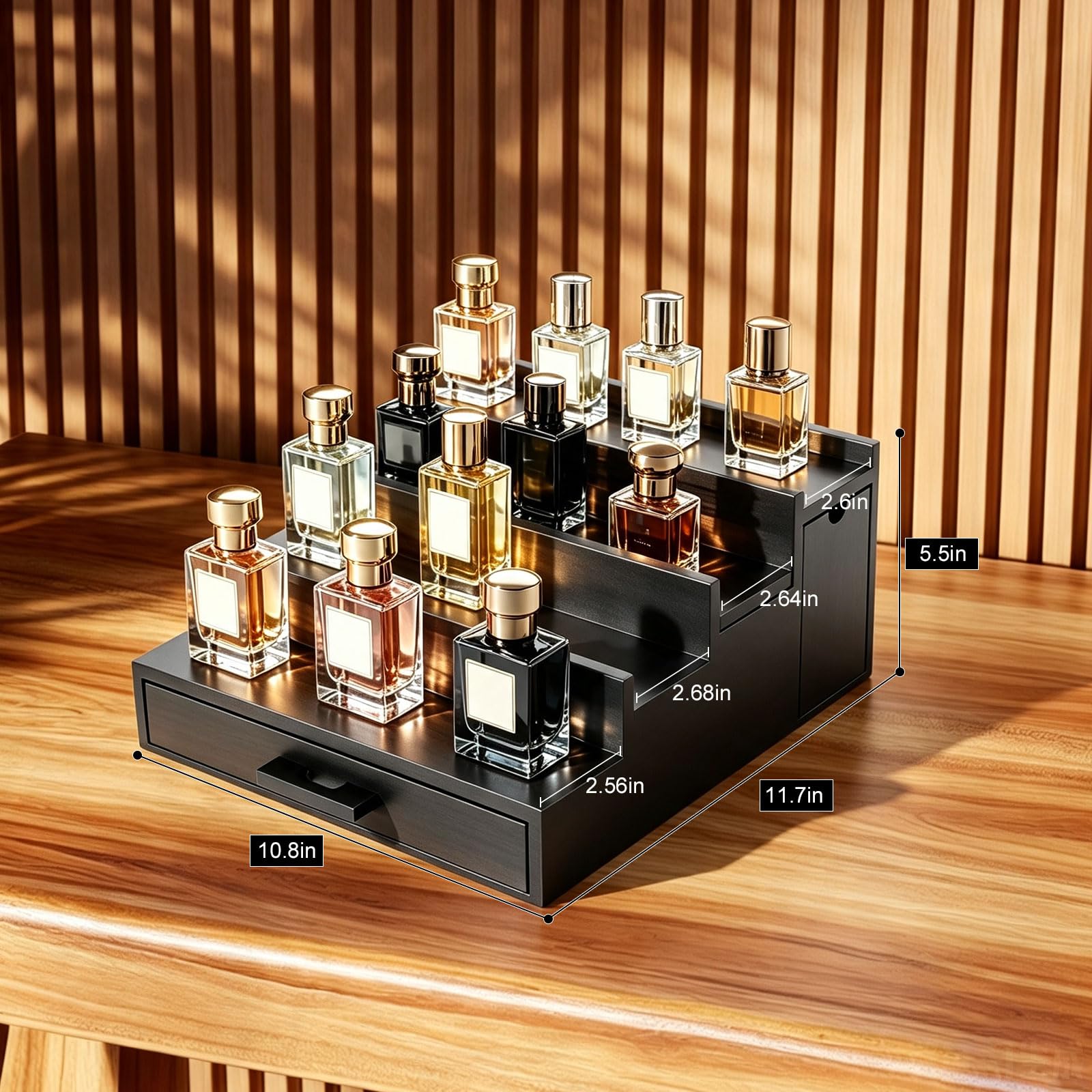 Cologne Organizer per uomo, 4 ripiani, in noce, con cassetto portaoggetti | Il ripiano nero contiene colonia, orologi, gioielli e cura della pelle, regalo per papà, robusto organizer in noce per bagno