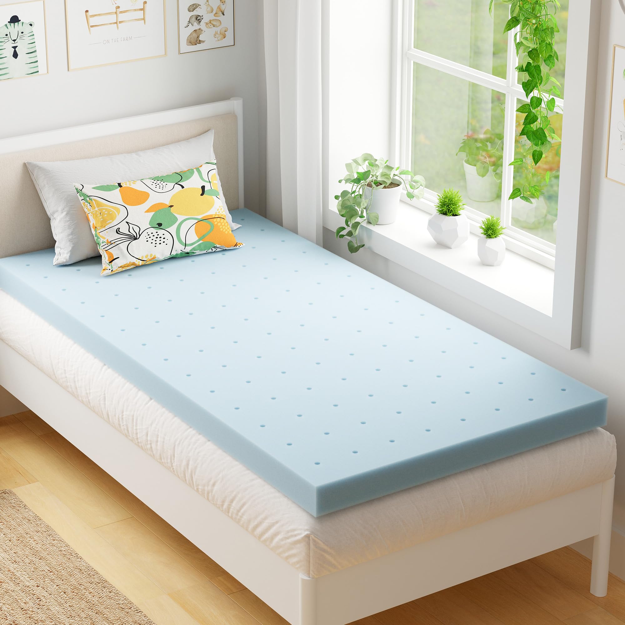 egohome 2 inch twin memory foam mattress topper, cooling gel infused & pressure relieving pad in a box, dorm room essentials, certipur certified, blue