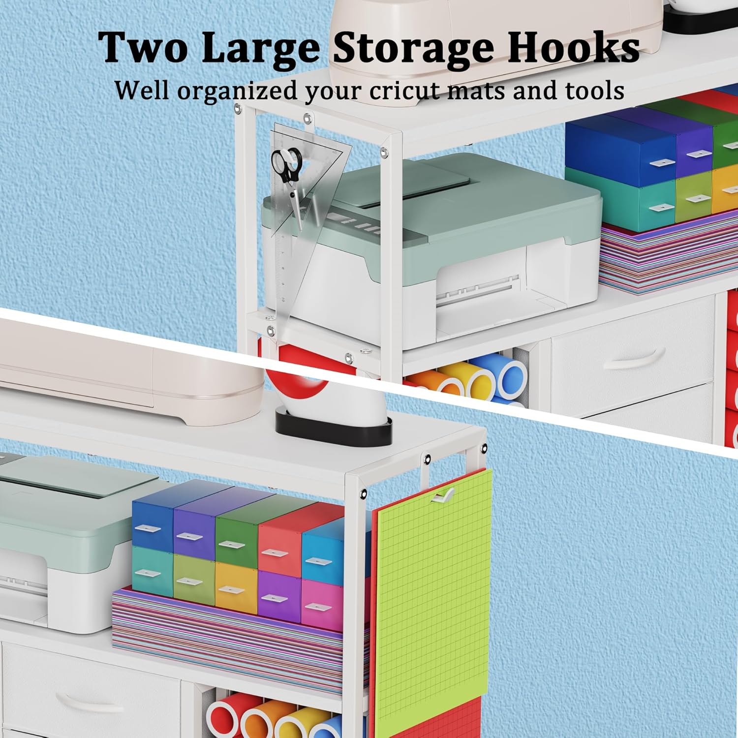 48 Vinyl Roll Holders for Cricut Cart, 32"W Large Craft Cart with 3 Fabric Drawer, Craft Organization and Storage Compatible with Cricut Maker Machine, Crafting Table Workstation, White,Patent Pending