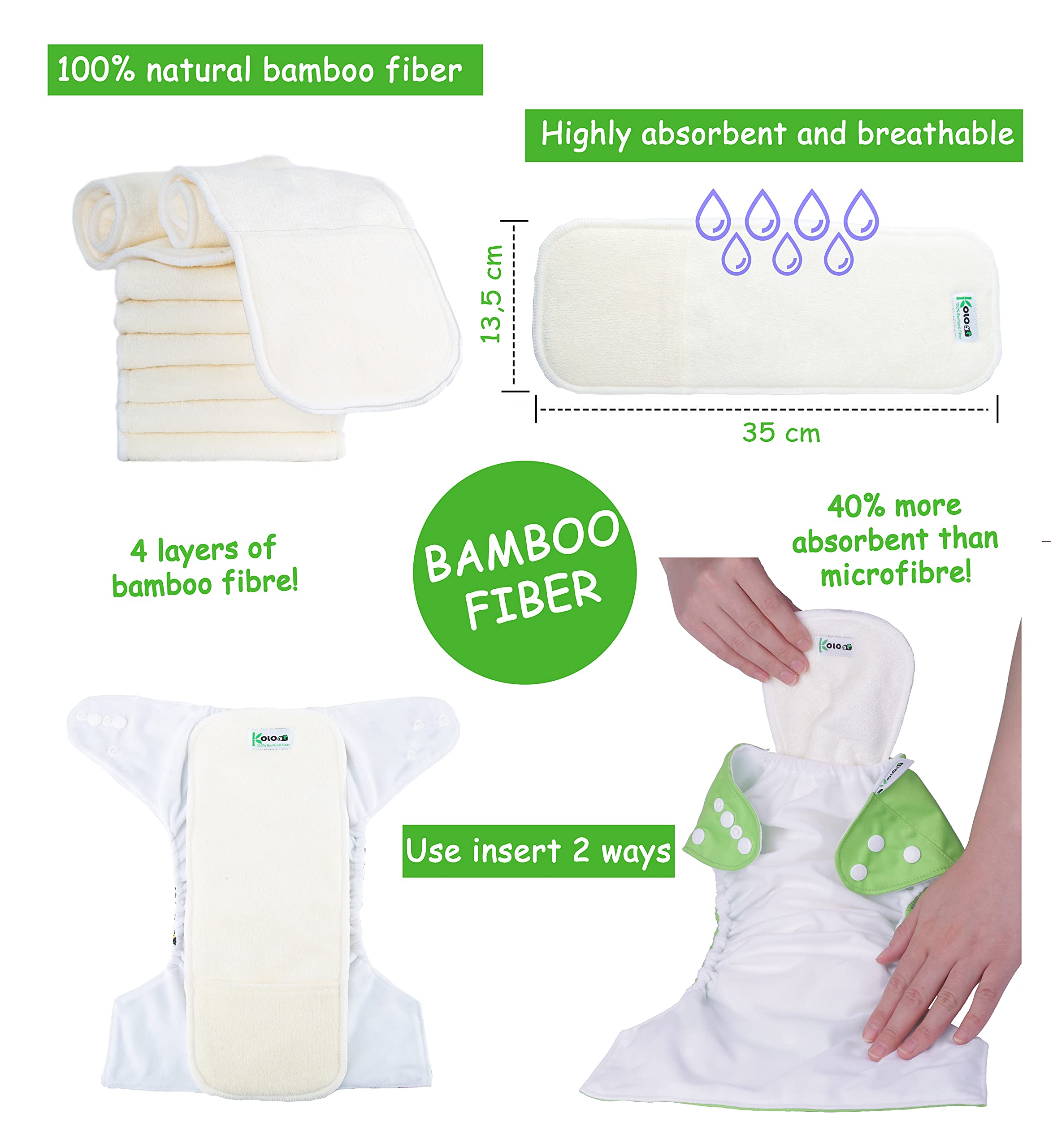 Kolo - kit de pañales de tela para bebés y niños: 6 pañales reutilizables + 6 insertos de bambú + 1 bolsa de transporte de pañales - 100% ecológicos