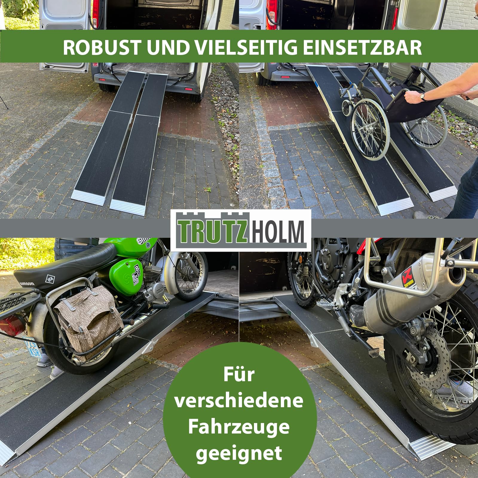 TRUTZHOLM 1x Auffahrrampe klappbar 228 cm 340 kg Traglast Aluminium Rampe mit Friktionsbeschichtung Anti Rutsch Motorradrampe Fahrradrampe E-Bike Rampe inkl. Spanngurt