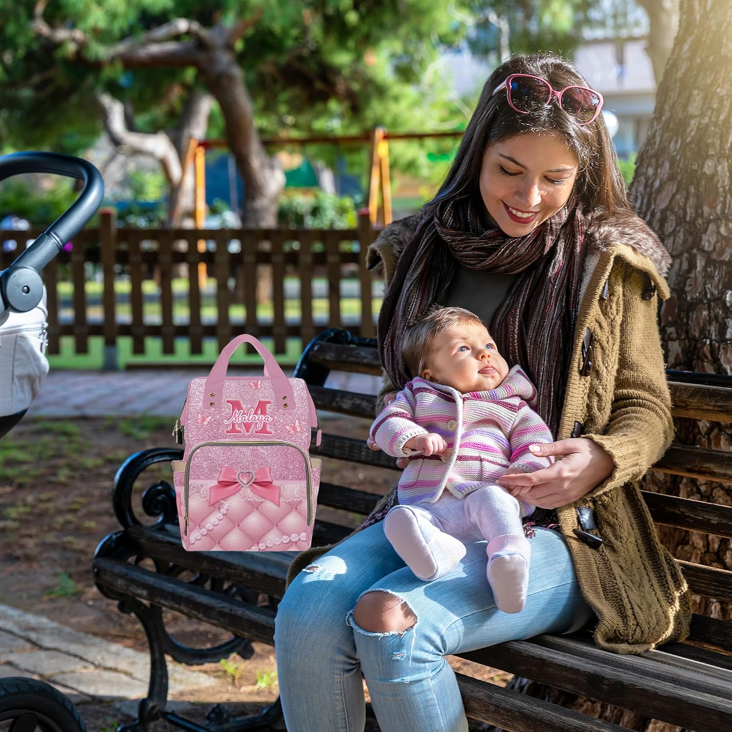 Personalized Diaper Bag Mommy Bag with Multi-function Shoulders Outdoor Backpack for Newborn Butterfly Sparkle, Customized Mommy Bag with Name for Baby Girl Outdoor Mother's Day