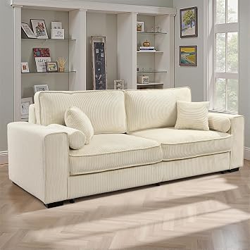 91" Corduroy Sleeper Sofa, Convertible Couch With Pull Out Bed and 4 Pillows, Queen Size With Hide-a-Bed Storage for Apartment, Beige
