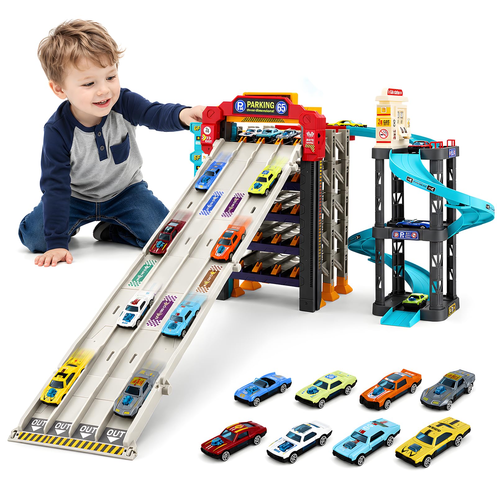 Parcheggio giocattolo per bambini con 5 livelli, seggiolino e stazione di servizio, set da gioco con 8 auto in metallo e elicottero, garage per auto con piazza di atterraggio per elicotteri per