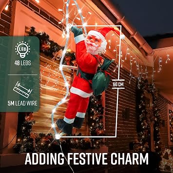 GloBrite 60cm Hanging Santa Climbing Rope with 48 LED Lights - 95cm Height - 5m Lead Wire - 8-Mode Plug for Outdoor Christmas Decorations, Garden, and Window Displays - Outside Christmas Decorations
