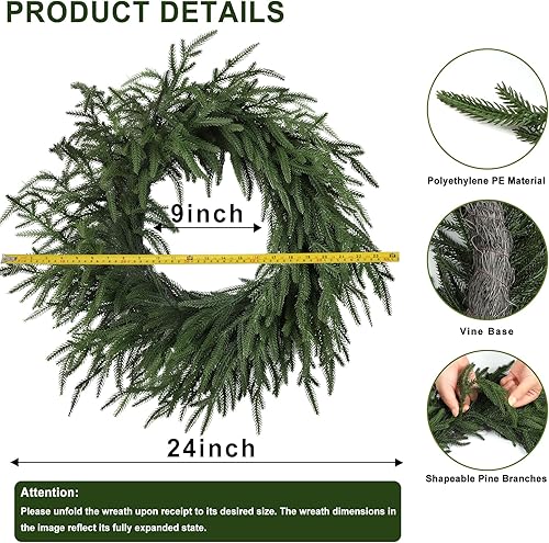 Miniatura 5 de Artgar Corona de pino de Navidad de 24 pulgadas para puerta delantera, corona de pino verde artificial de tacto real para el hogar, interior,