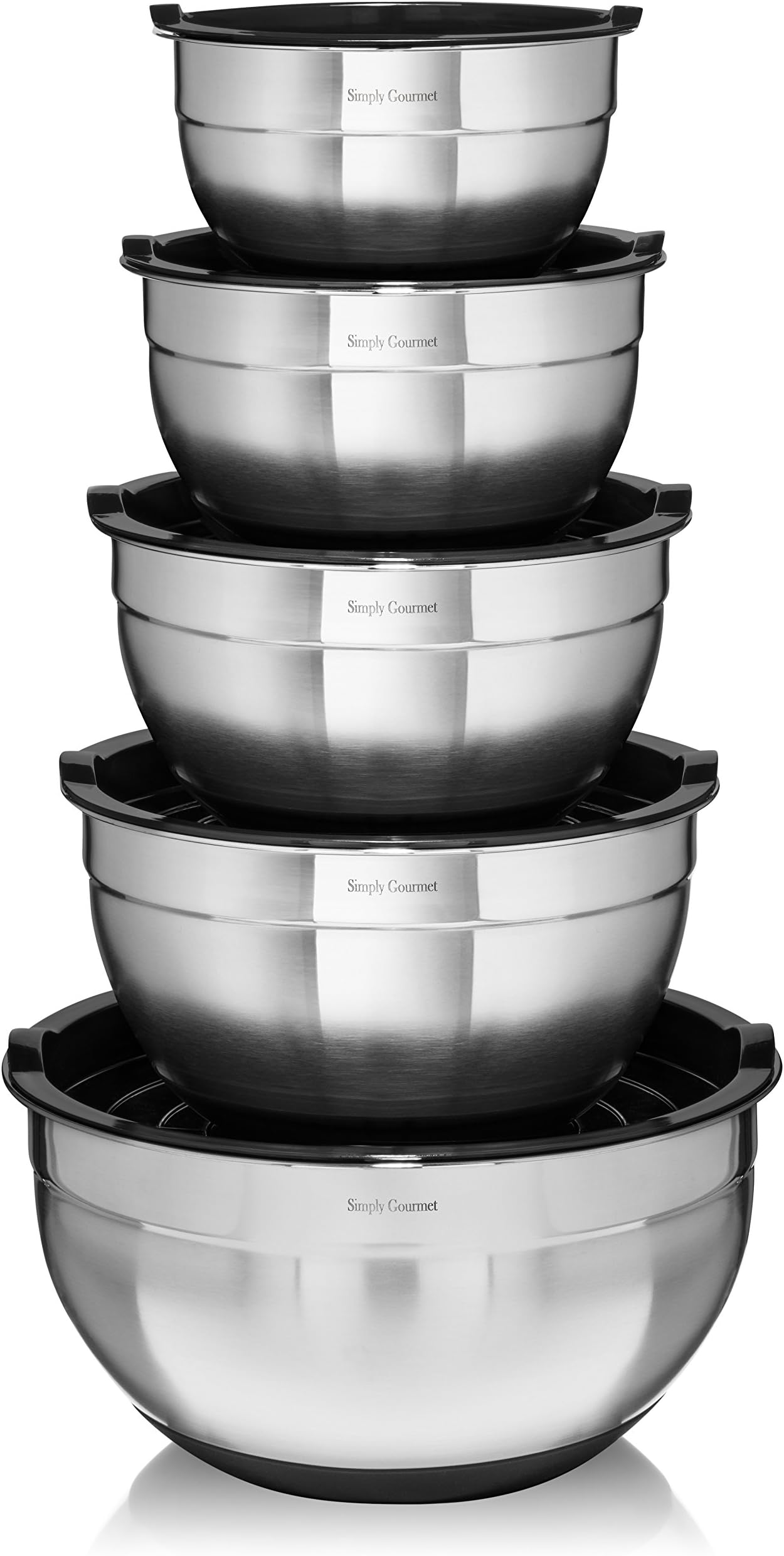Premium Mixing Bowls with Lids - by Simply Gourmet. Stainless Steel Mixing Bowl Set Contains 5 Bowls with Airtight Lids, Non-Slip Bottoms, and a Flat Base for Stable Mixing. Bowls Nest for Storage …