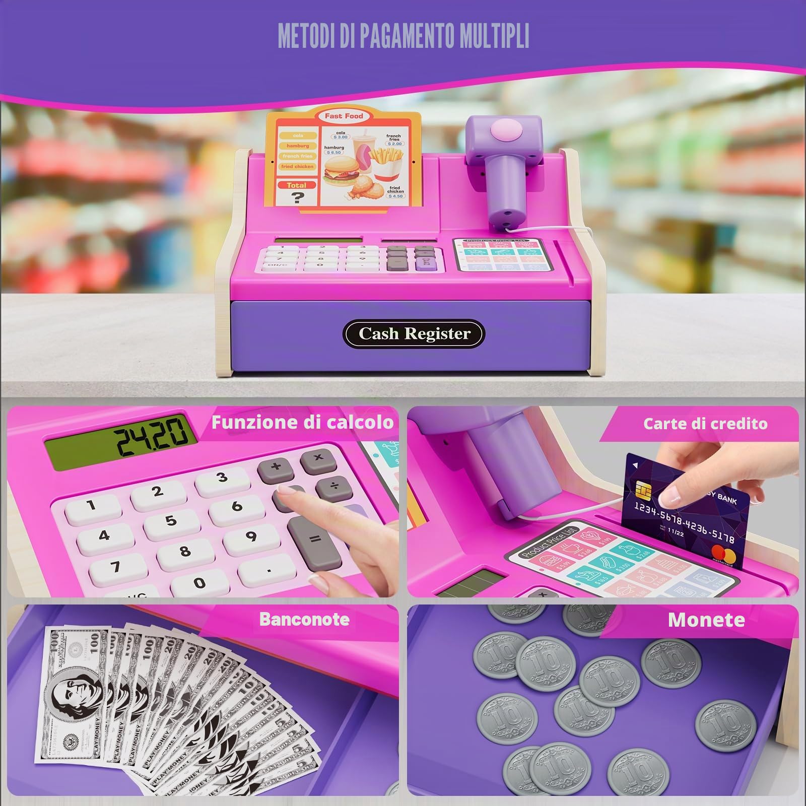 HYES Registratore di Cassa Giocattolo in Legno per Bambini con Scanner, Calcolatrice Reale, Giocattoli Soldi / Monete / Carta di Credito / Cesto Della Spesa, Giochi Regalo per Ragazzi Ragazze, Rosa