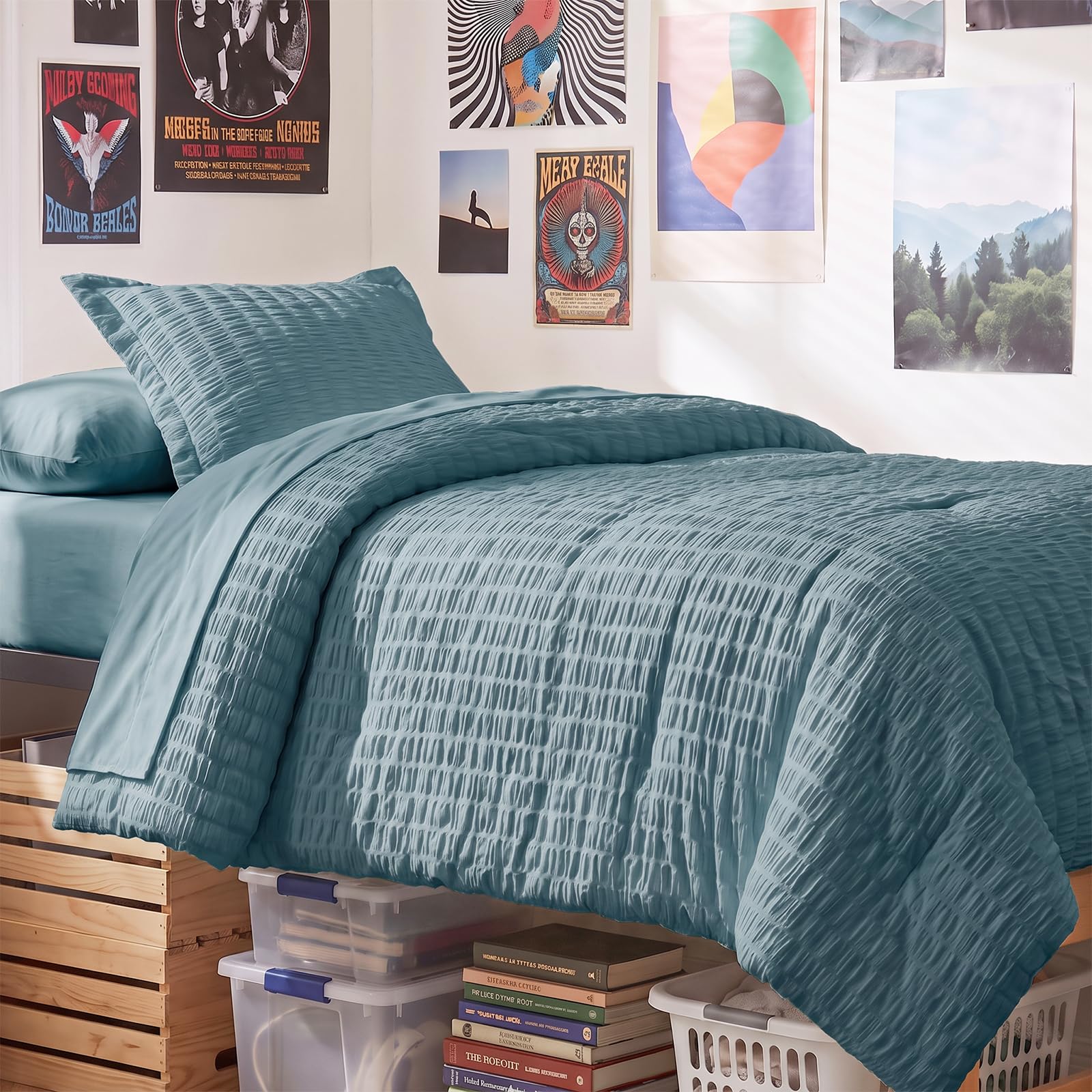 CozyLux Twin Comforter Set, 5 Pieces Mineral Blue Seersucker Bed in a Bag