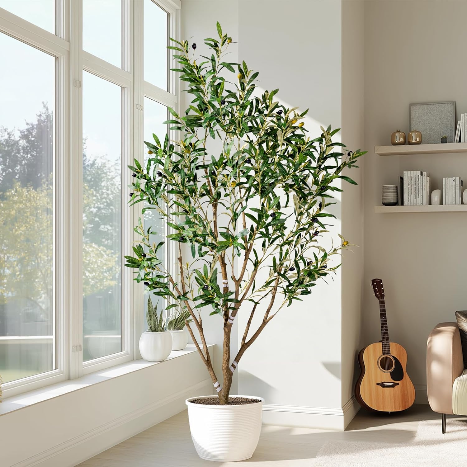 5FT Faux Olive Tree with White Pot & Moss, Artificial Olive Tree Indoor Outdoor, PE/PVC Leaves, Realistic Resin Trunk Large Fake Olive Tree Artificial Plants Indoor, Faux Plants Indoor for Home Decor