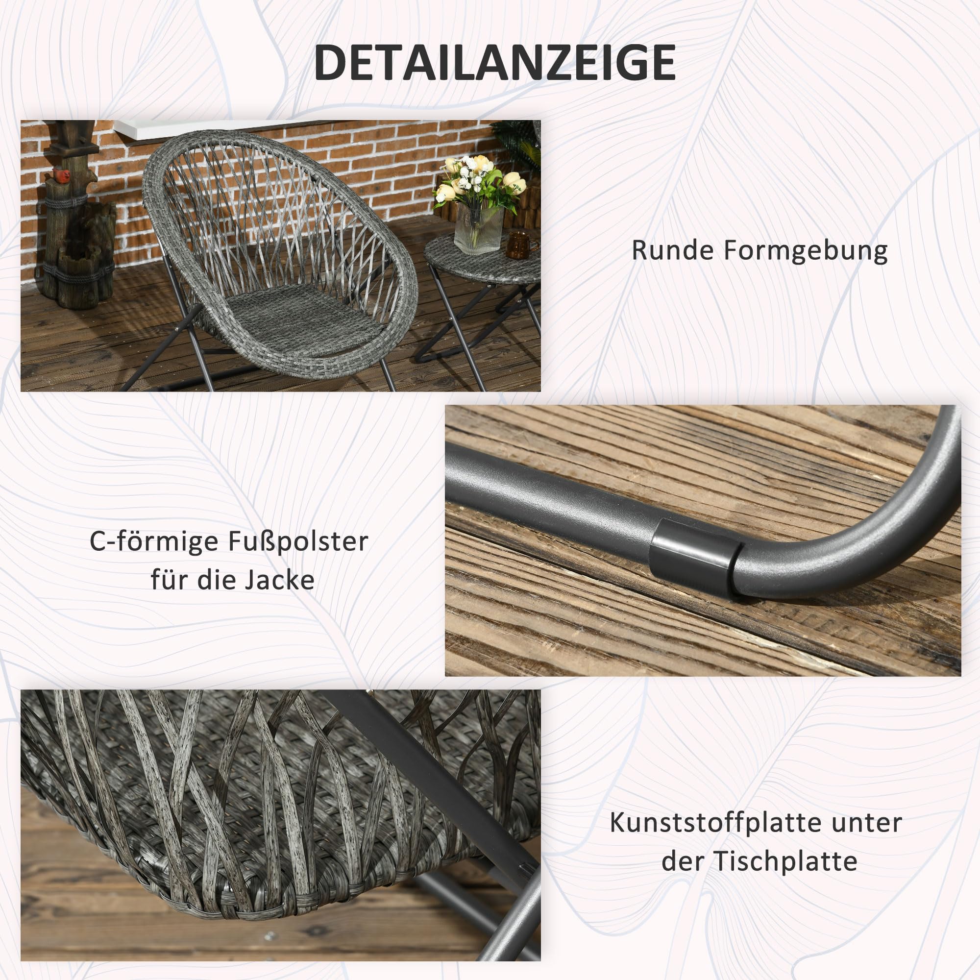 Outsunny Polyrattan Gartenmöbel Set, klappbar Outdoor Sitzgruppe für 2 Personen, 3-teilig Balkonmöbel mit 2 Stühle, Tisch, wetterfest Balkonmöbel für Garten, Balkon, Grau