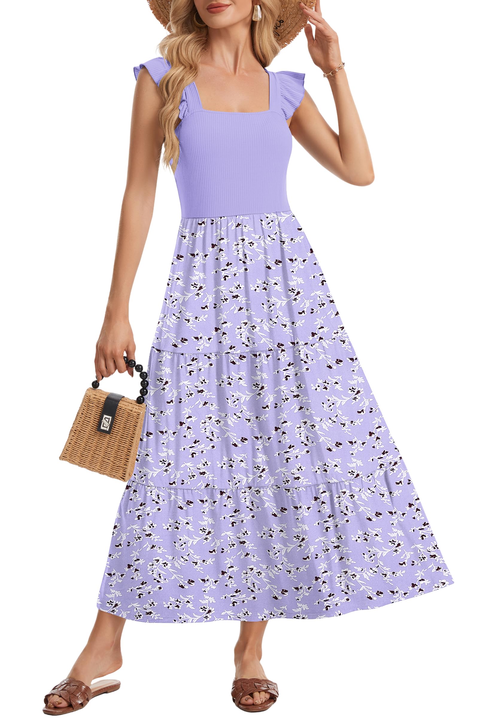 AUSELILY Vestido Maxi Verano Escote Cuadrado Volantes Sin Mangas Bolsillos