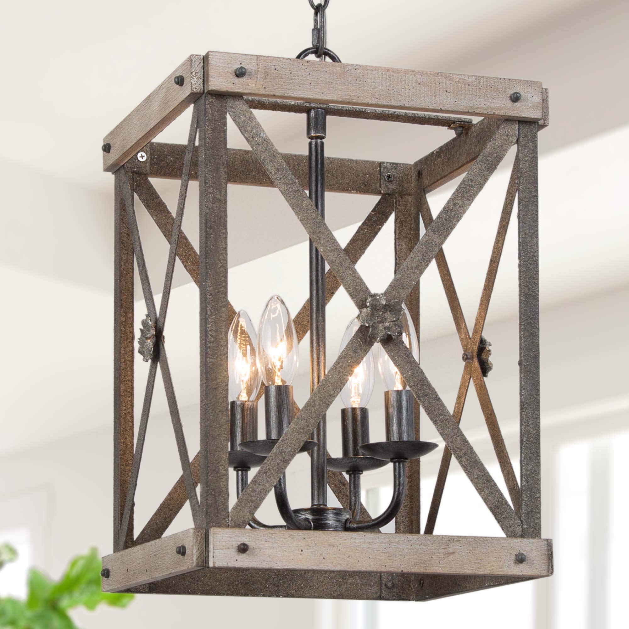 Farmhouse Pendant Light Fixtures, Rustic Wood Metal Cage Chandelier for Kitchen Island, Entryway, Foyer, Dining Room, 11'' L