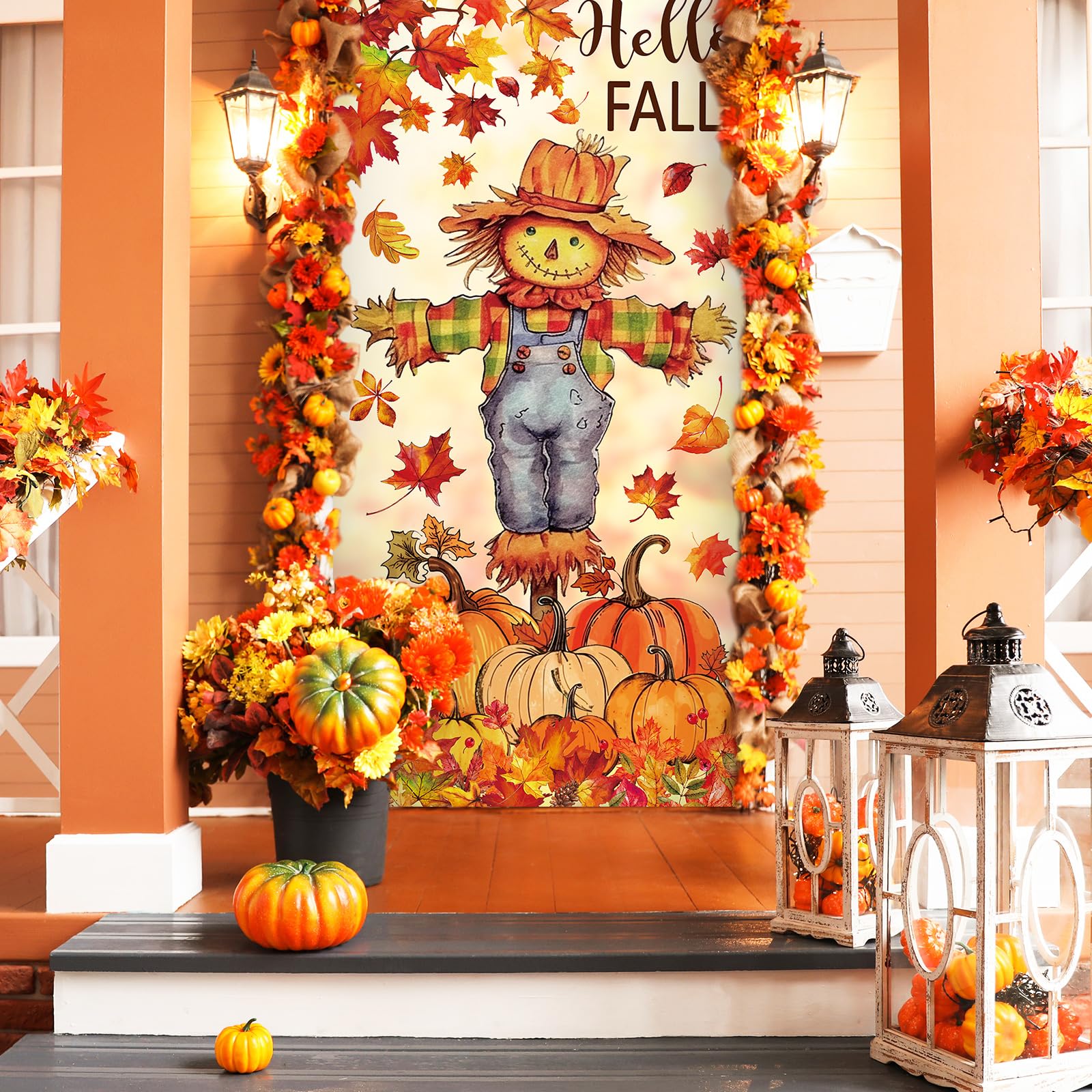 Herbst-Türbanner mit Vogelscheuche und Kürbisblättern, 80 x 170 cm, hängende Banner, Herbst-Foto-Hintergrund für Thanksgiving
