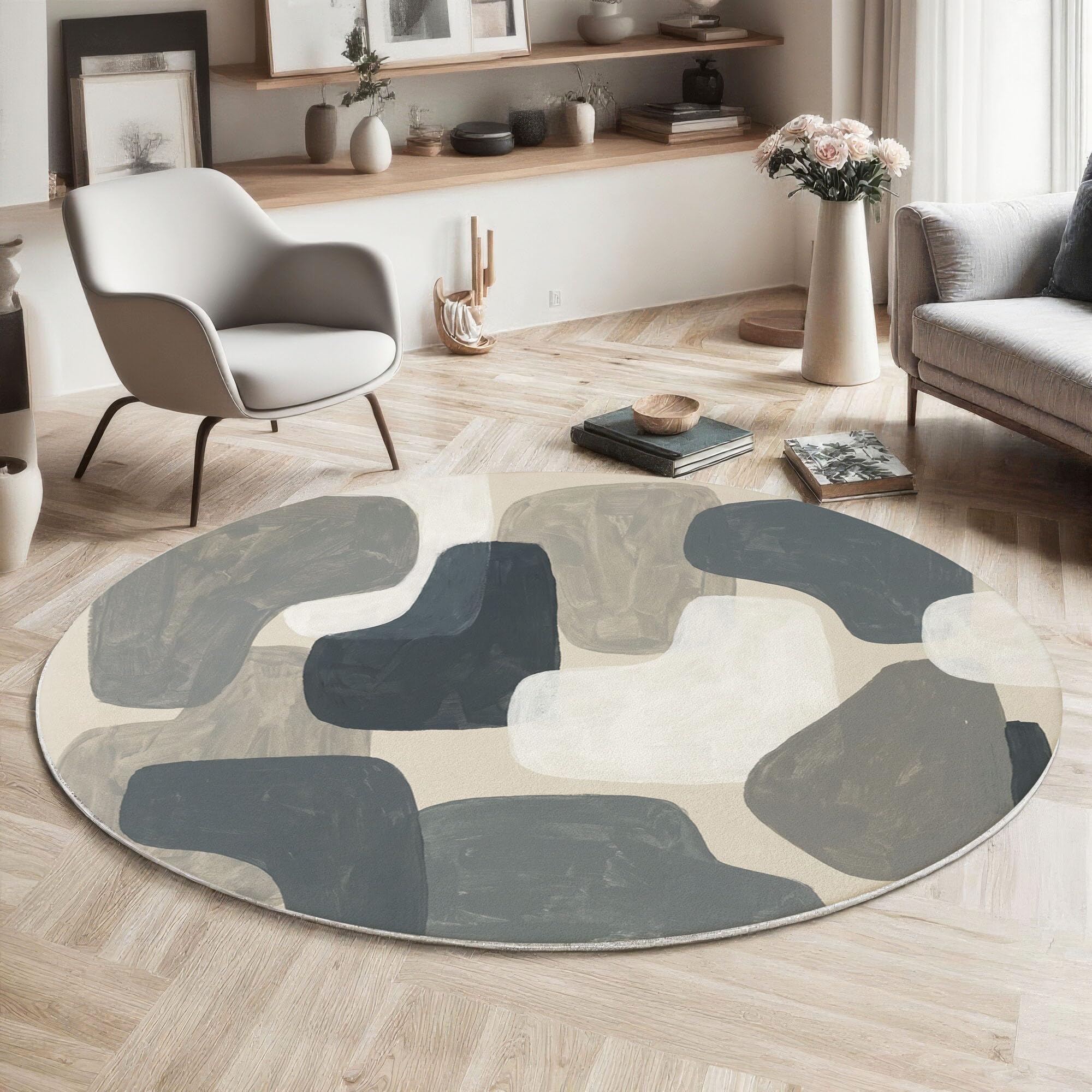 Tapis Rond Blocs De Couleur Irréguliers 100cm, Minimalisme Nordique Lavable en Machine Tapis Rond pour Salon, Antidérapant, Imprimé pour Salle à Manger, Chambre, Nurserie, Gris-Brun