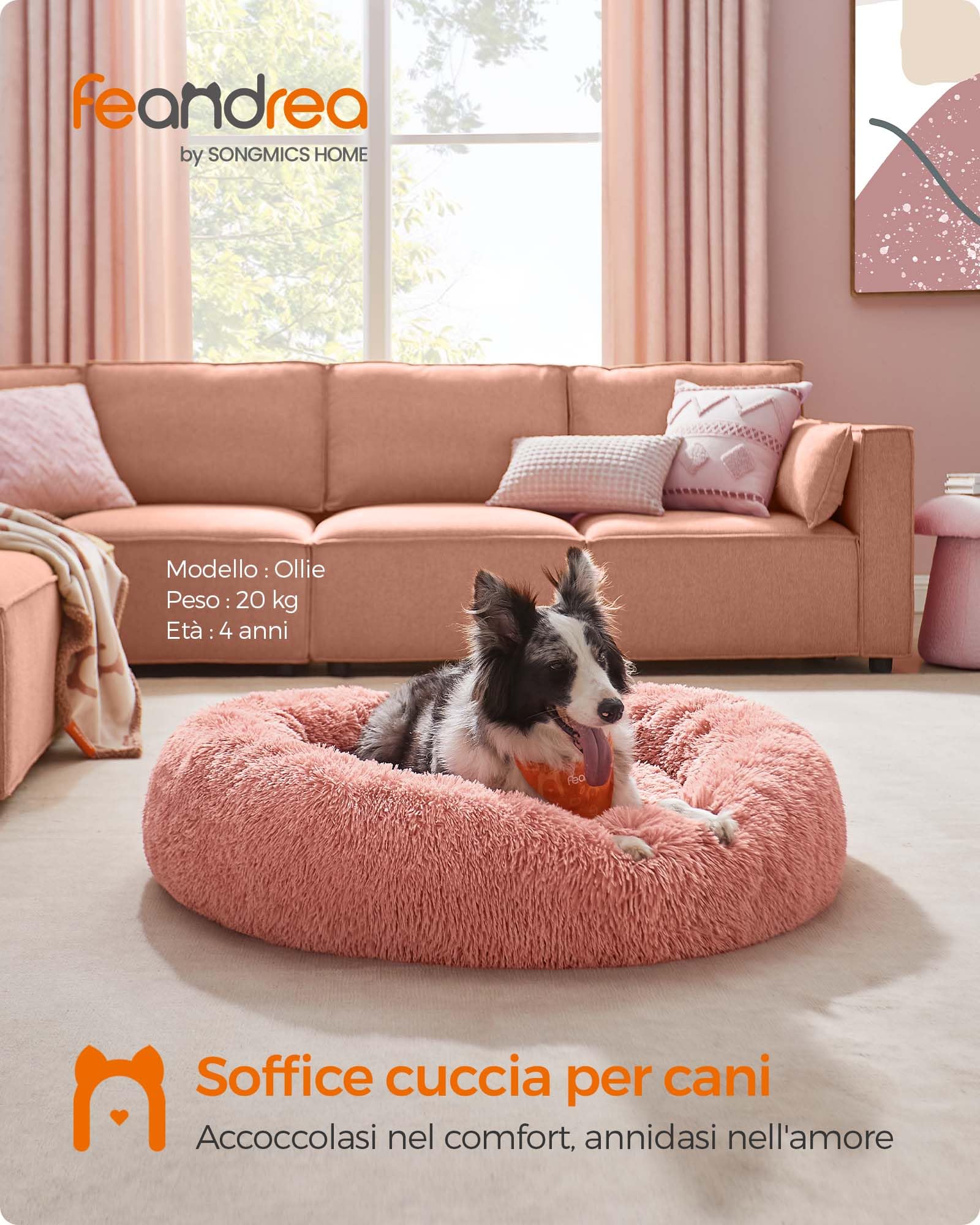 Feandrea Cuccia Cane Interno, Cuccia per Cani, Lettino per Animali Domestici a Ciambella, Cuscino Sfoderabile e Lavabile, Tappeto di Peluche, Diametro 100 cm, Rosa PGW042R01