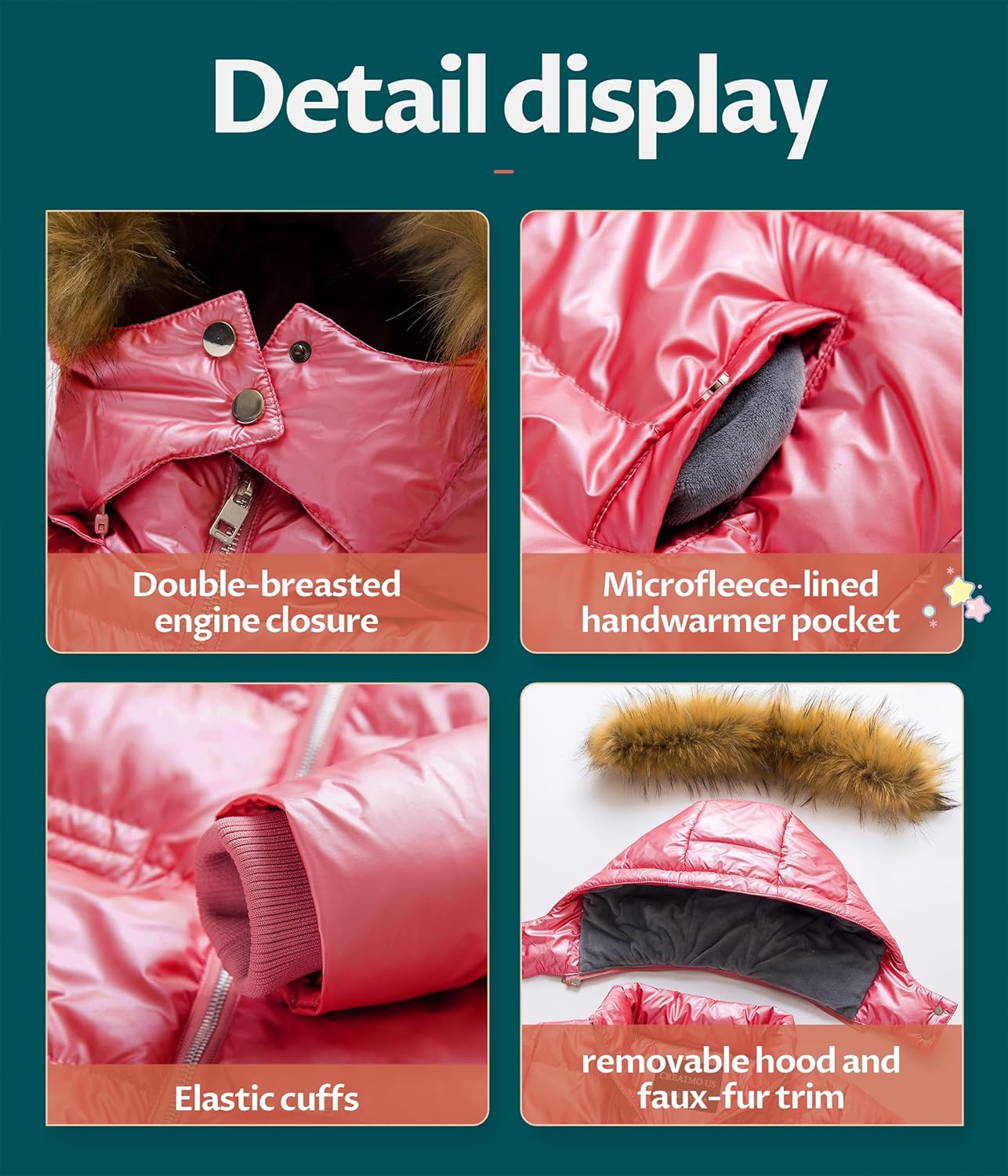 CREATMO US Girl's Kids Metallic Shiny Jacket with Detachable Fur Collar Warmth Winter Outerwear - Image 7
