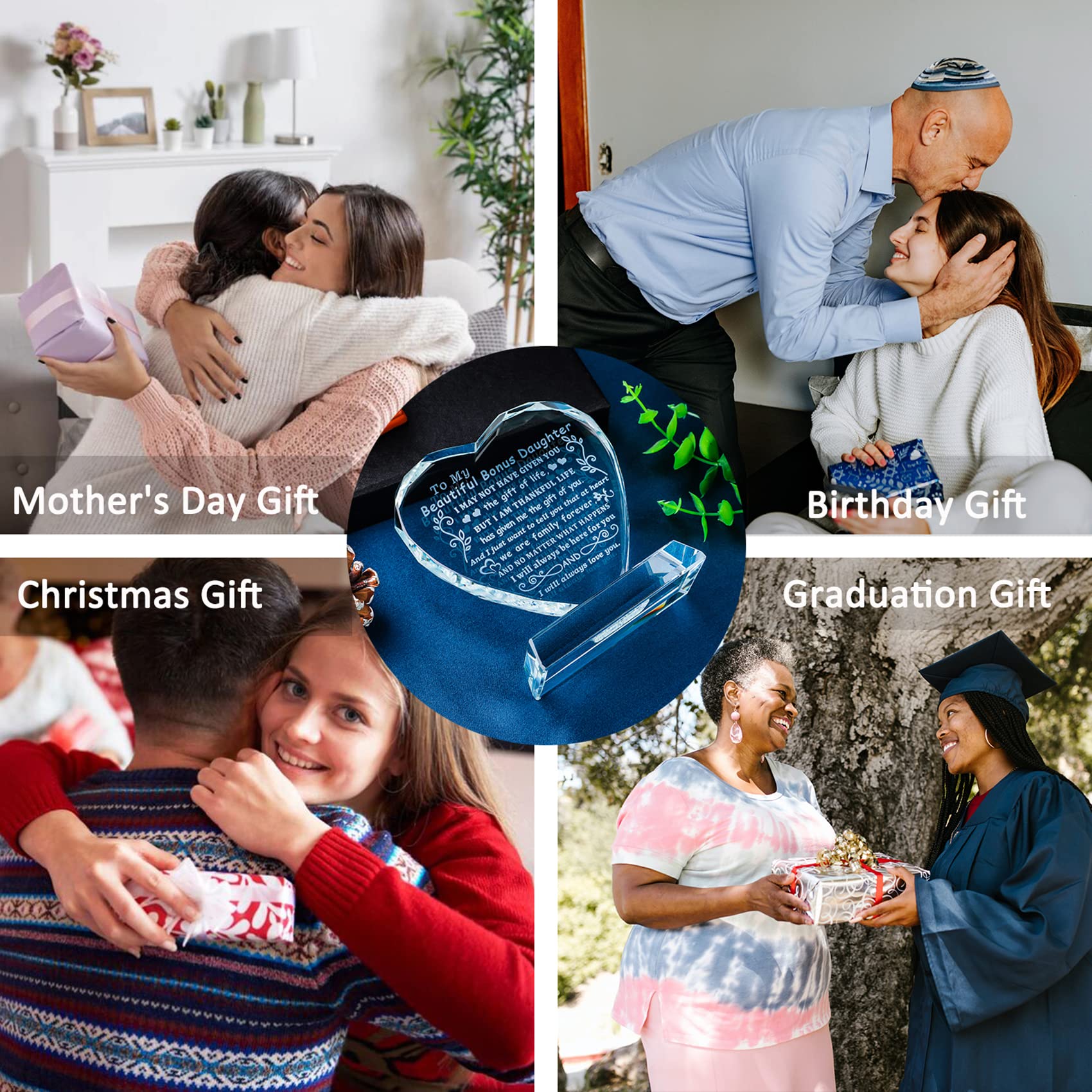 YWHL Bonus Daughter Gifts from Mom Dad, To My Bonus Daughter Heart Shaped Crystal Keepsake, Gifts for Stepdaughter from Stepmom Stepdad on Birthday Christmas Graduation