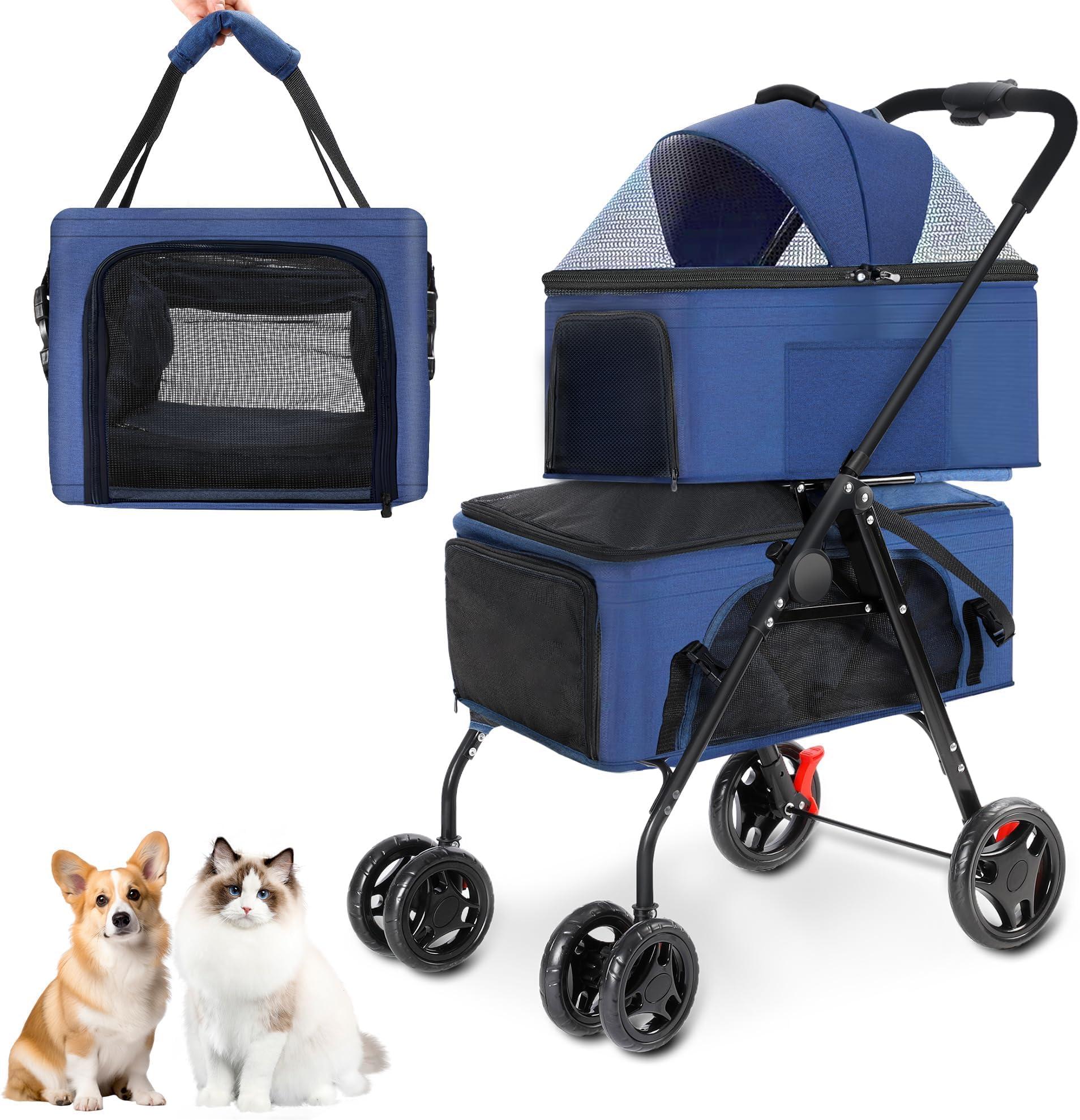 Double Pet Stroller with Detachable Carrier Ideal for 2