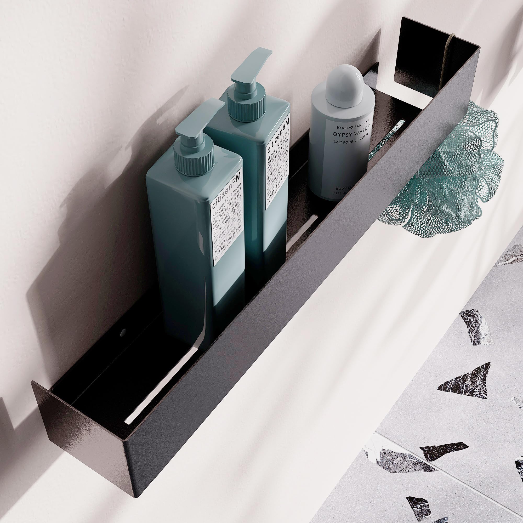 Estantería de ducha moderna negra 50x10x8 cm – Estante baño pared sin taladro o con taladro, diseño minimalista en metal con recubrimiento en polvo, resistente y elegante para baño contemporáneo